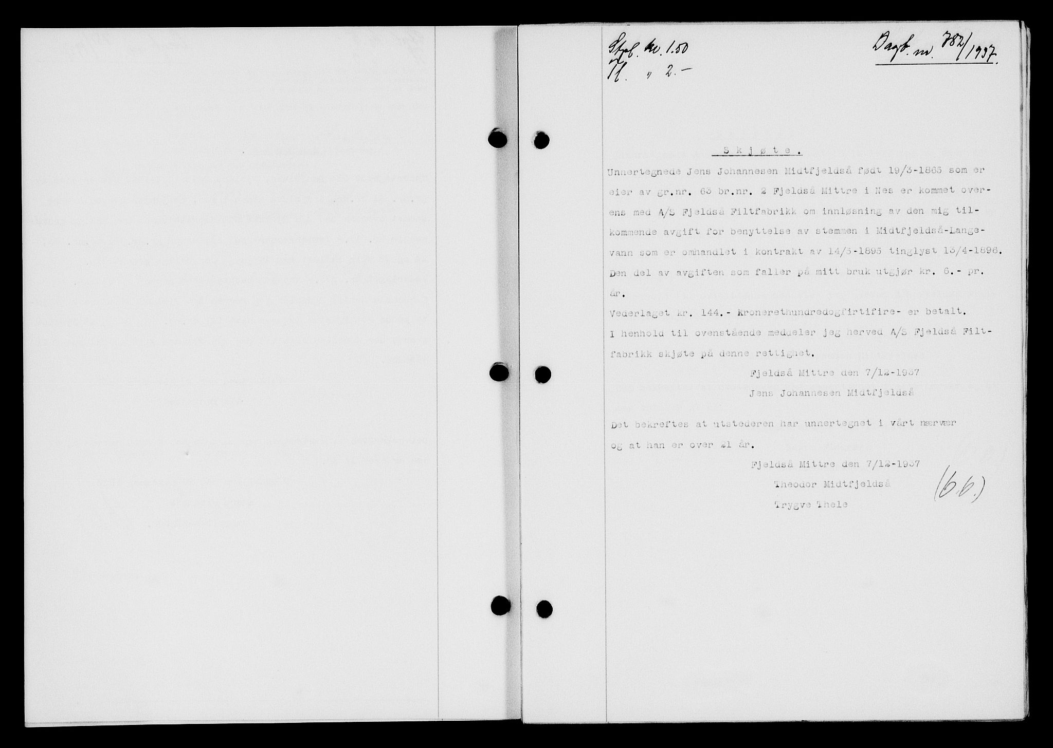 Flekkefjord sorenskriveri, SAK/1221-0001/G/Gb/Gba/L0054: Pantebok nr. A-2, 1937-1938, Dagboknr: 782/1937