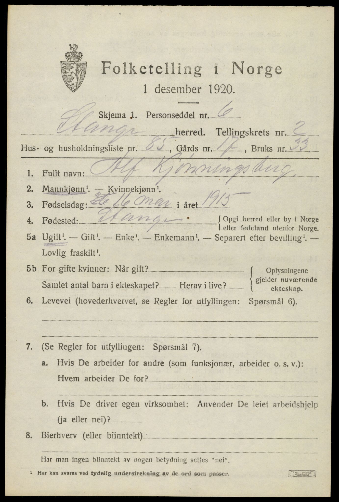 SAH, Folketelling 1920 for 0417 Stange herred, 1920, s. 5187