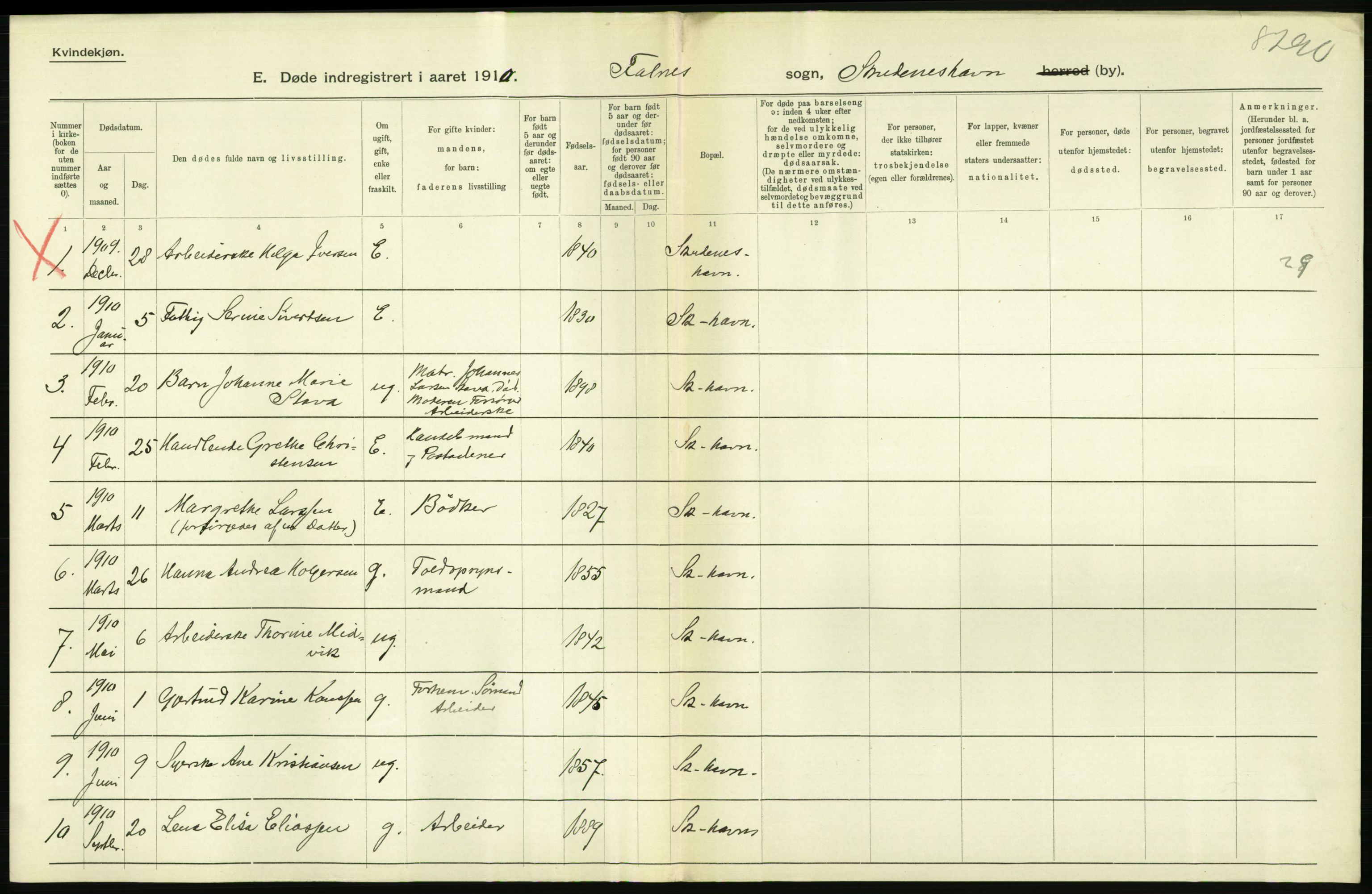 Statistisk sentralbyrå, Sosiodemografiske emner, Befolkning, RA/S-2228/D/Df/Dfa/Dfah/L0024: Stavanger amt: Døde, dødfødte. Bygder og byer., 1910, s. 502