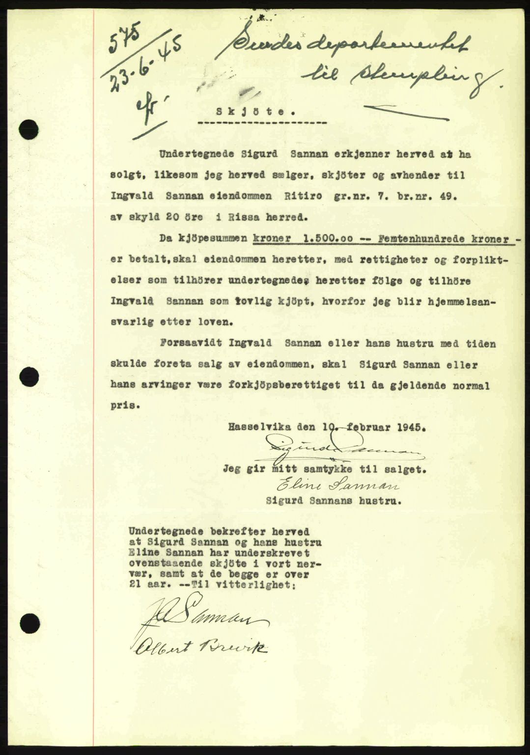 Fosen sorenskriveri, AV/SAT-A-1107/1/2/2C: Pantebok nr. A3, 1943-1945, Dagboknr: 575/1945