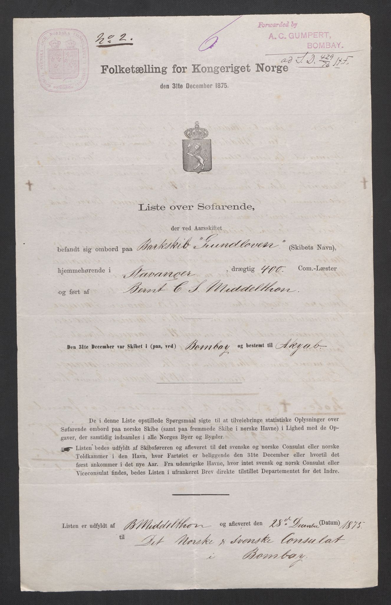 RA, Folketelling 1875, skipslister: Skip i utenrikske havner, hjemmehørende i 1) byer og ladesteder, Grimstad - Tromsø, 2) landdistrikter, 1875, s. 428