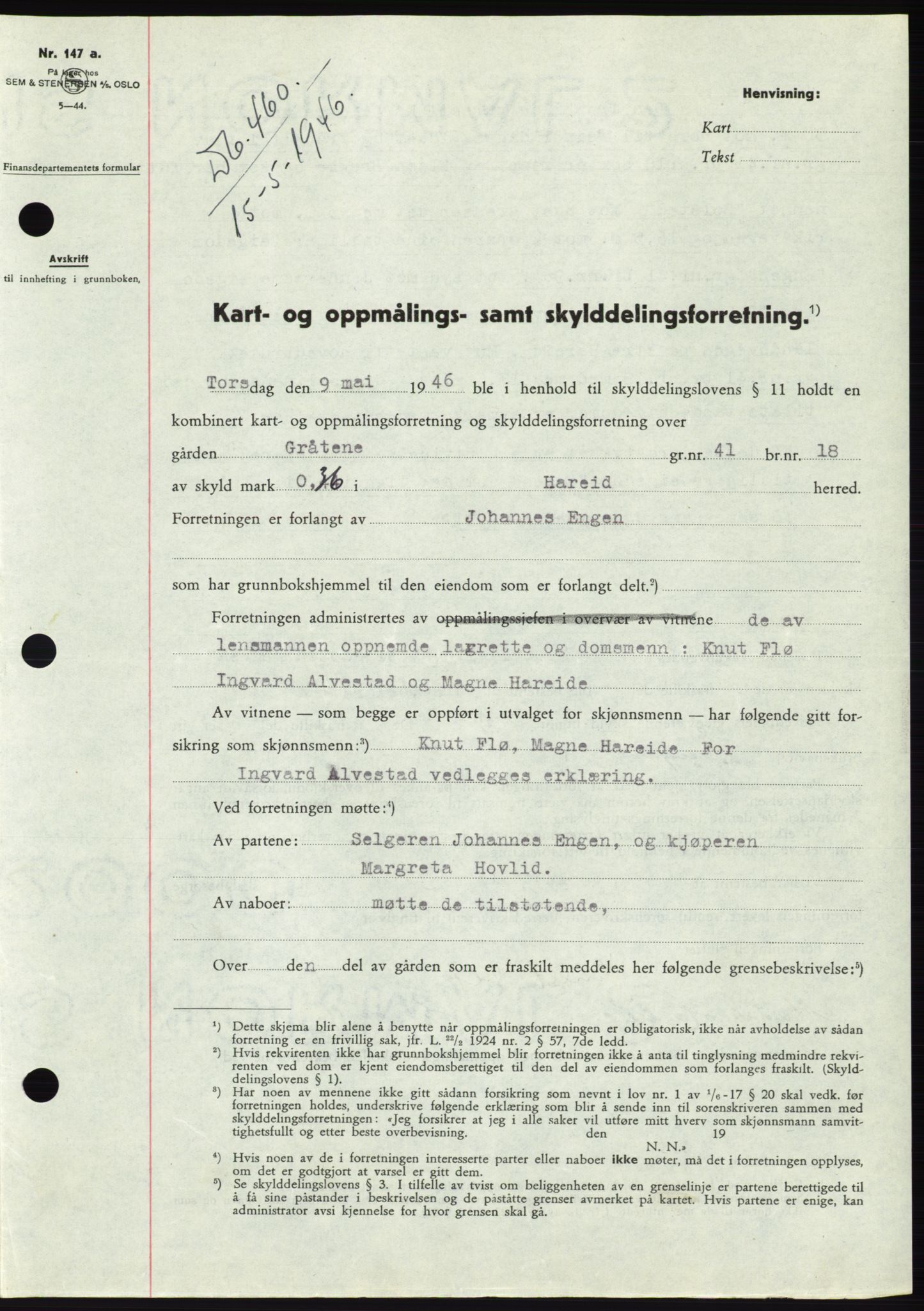 Søre Sunnmøre sorenskriveri, SAT/A-4122/1/2/2C/L0078: Pantebok nr. 4A, 1946-1946, Dagboknr: 460/1946