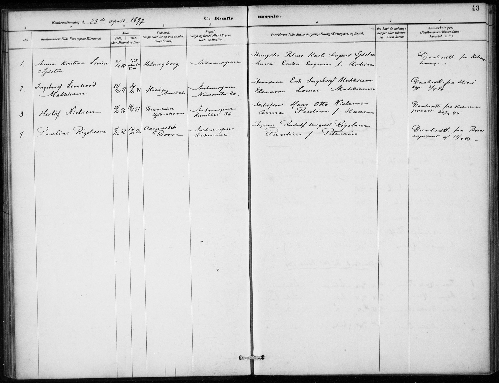 Den norske sjømannsmisjon i utlandet/Antwerpen, AV/SAB-SAB/PA-0105/H/Ha/L0002: Ministerialbok nr. A 2, 1887-1913, s. 43