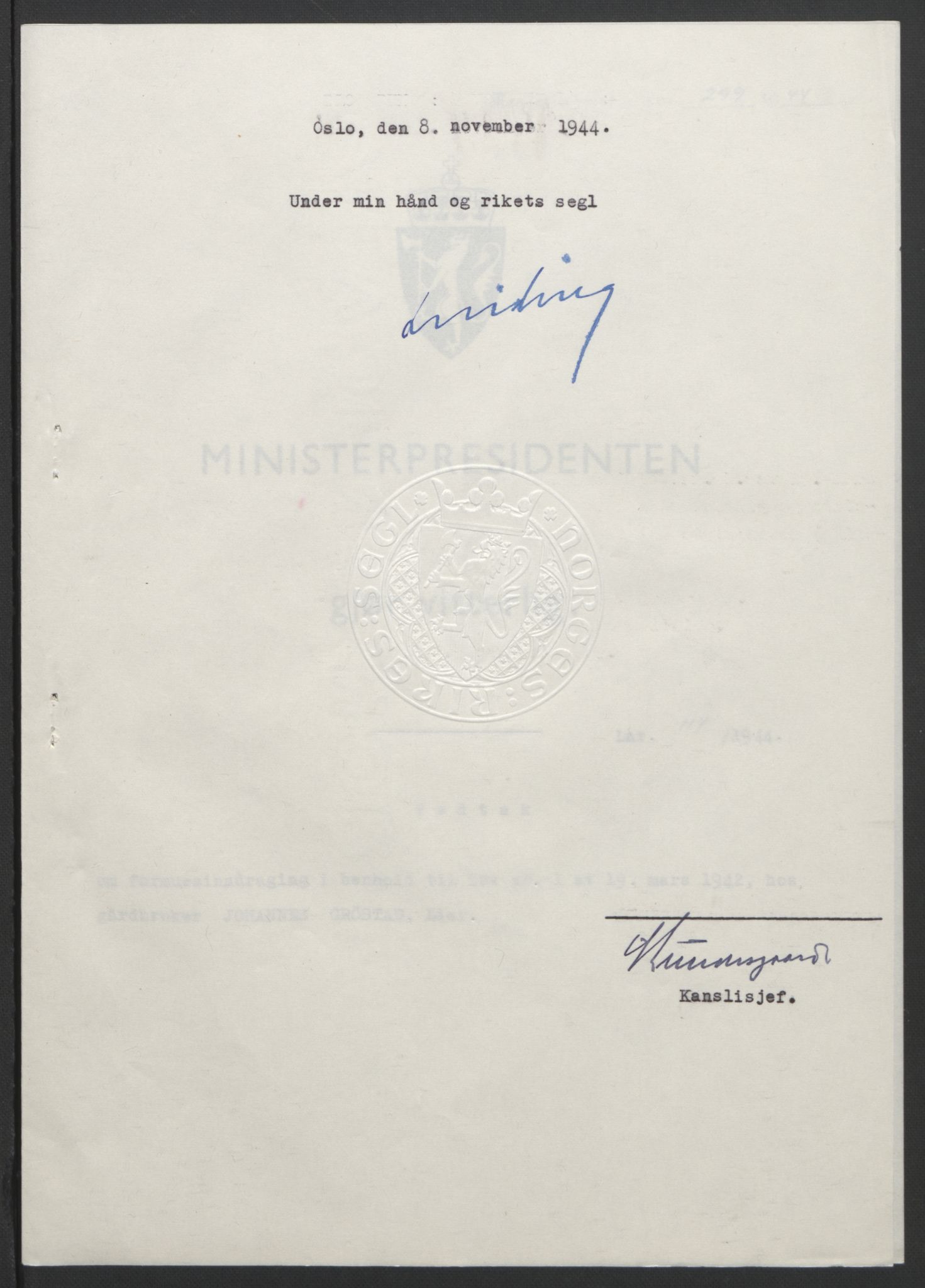 NS-administrasjonen 1940-1945 (Statsrådsekretariatet, de kommisariske statsråder mm), AV/RA-S-4279/D/Db/L0111/0003: Saker fra krigsårene / Journal, 1940-1945, s. 349