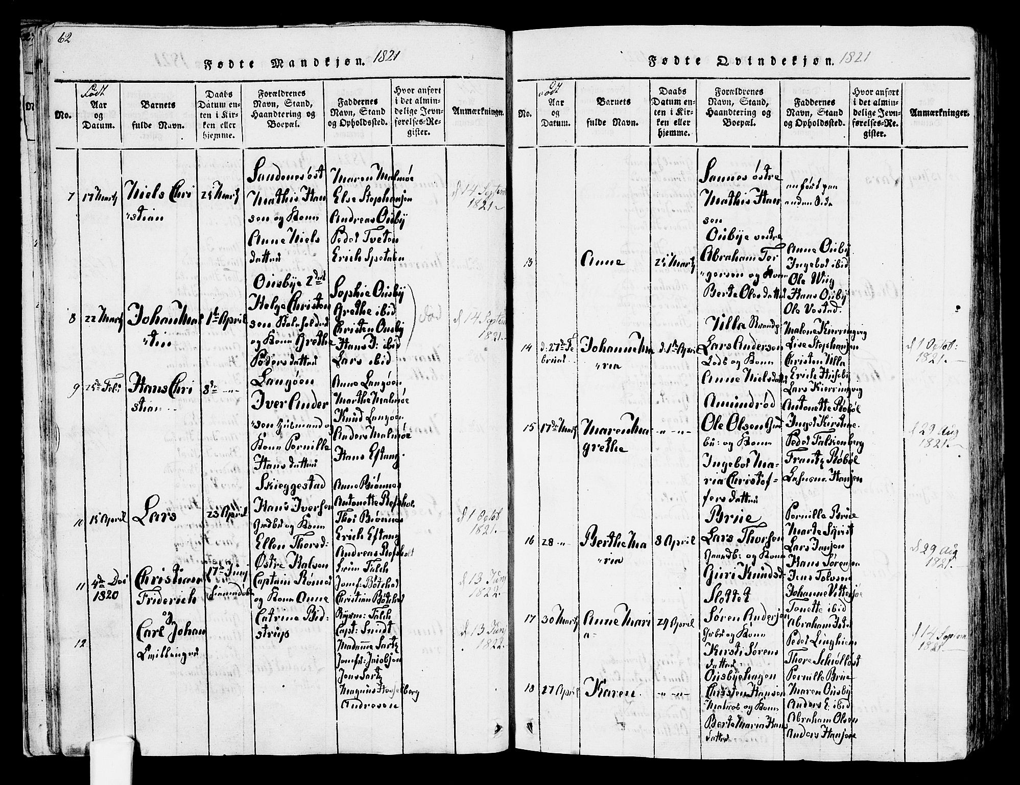 Tjølling kirkebøker, AV/SAKO-A-60/F/Fa/L0005: Ministerialbok nr. 5, 1814-1836, s. 62-63