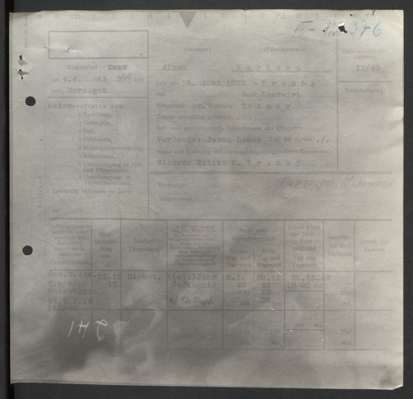 Befehlshaber der Sicherheitspolizei und des SD, AV/RA-RAFA-5969/F/Fd/L0003: Fangekartotek K-O, 1940-1945