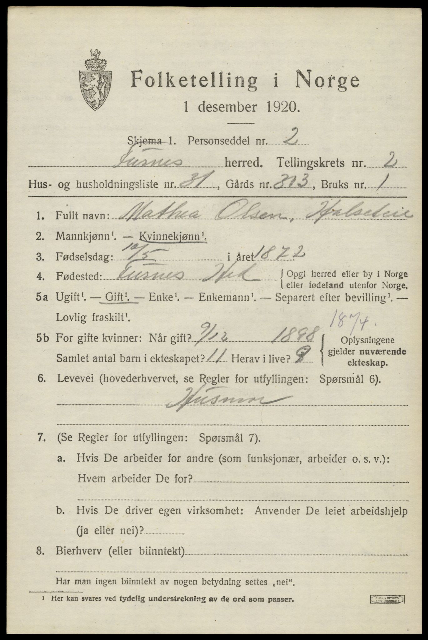 SAH, Folketelling 1920 for 0413 Furnes herred, 1920, s. 3419