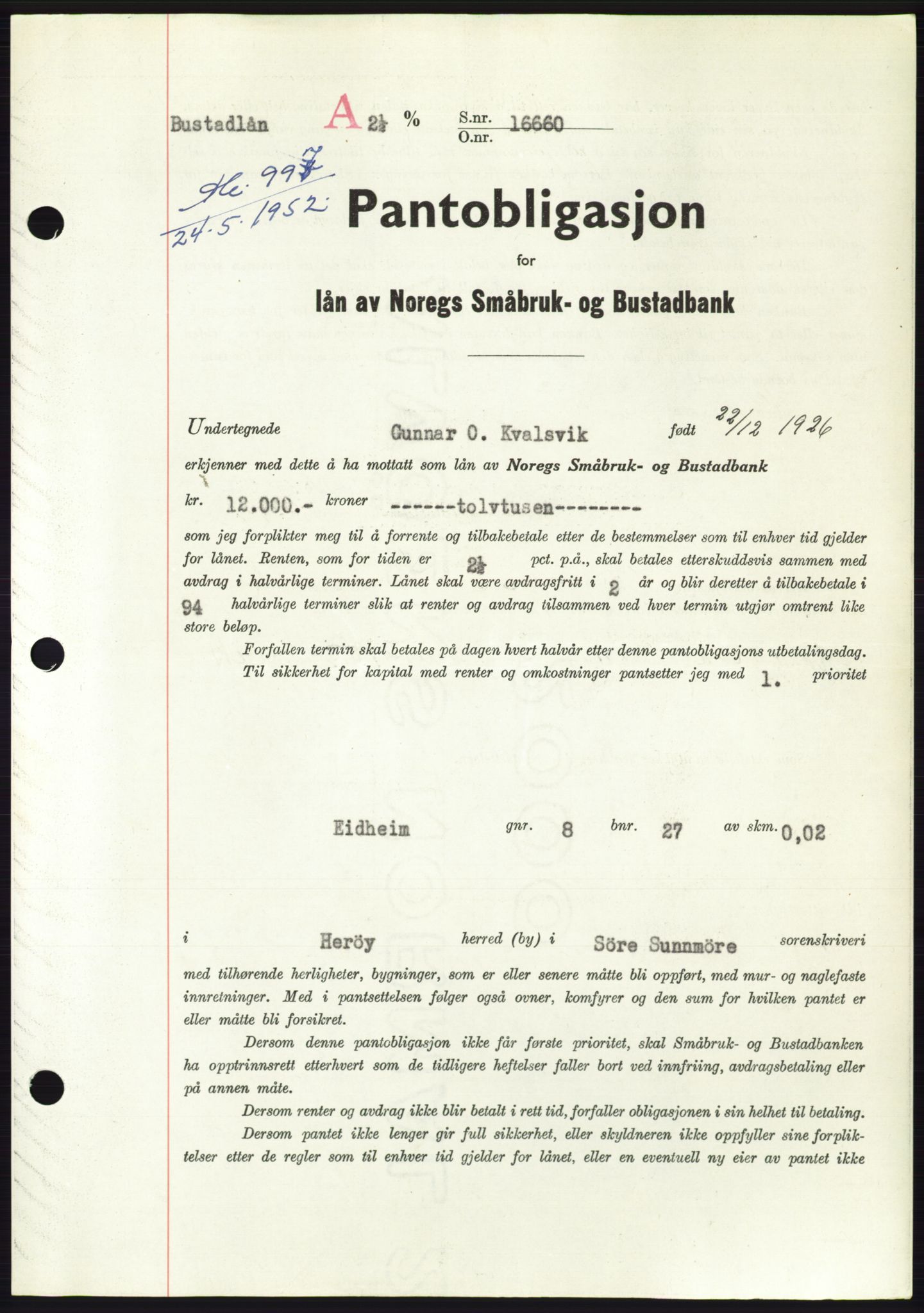 Søre Sunnmøre sorenskriveri, AV/SAT-A-4122/1/2/2C/L0121: Pantebok nr. 9B, 1951-1952, Dagboknr: 997/1952