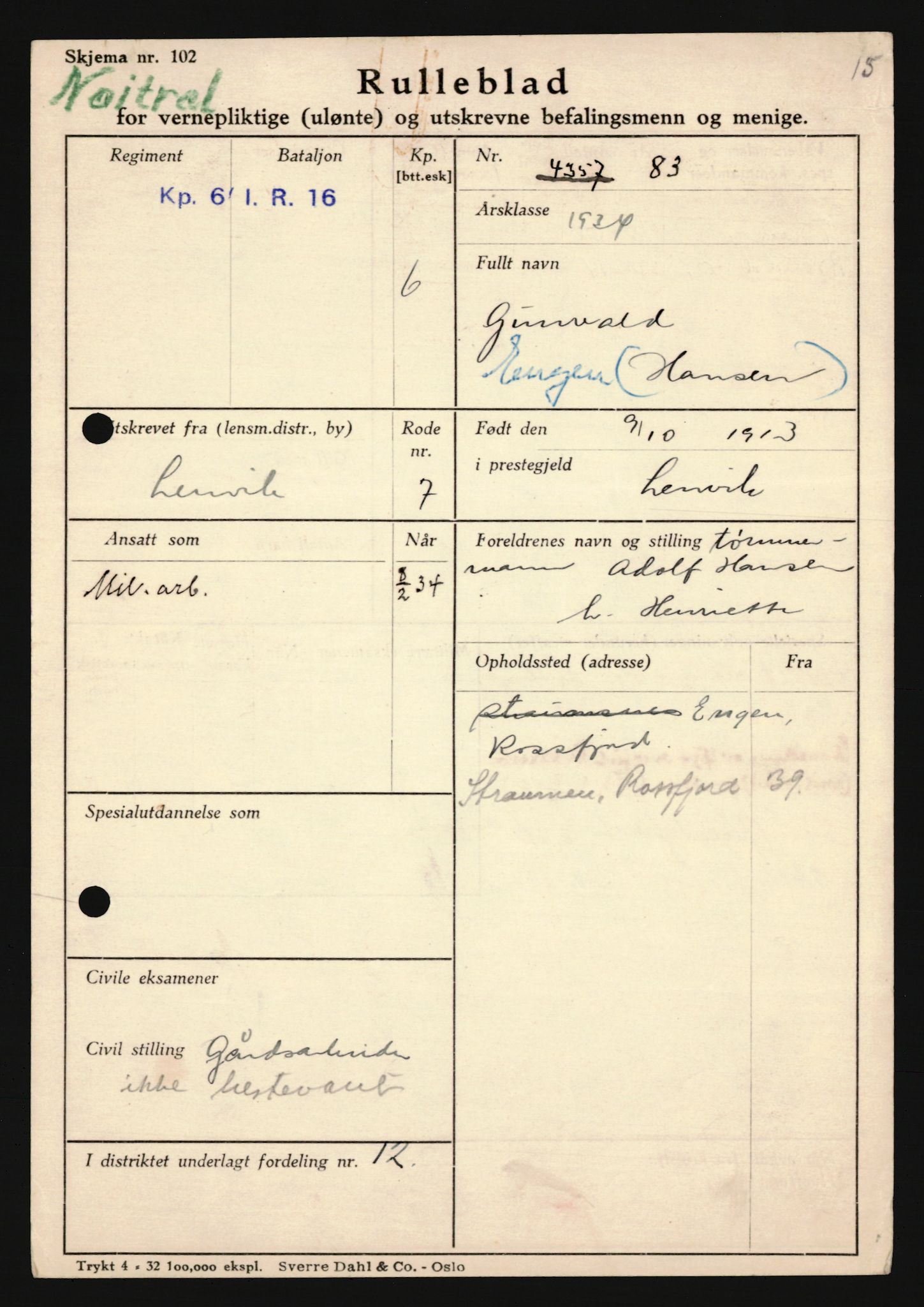 Forsvaret, Troms infanteriregiment nr. 16, AV/RA-RAFA-3146/P/Pa/L0018: Rulleblad for regimentets menige mannskaper, årsklasse 1934, 1934, s. 225