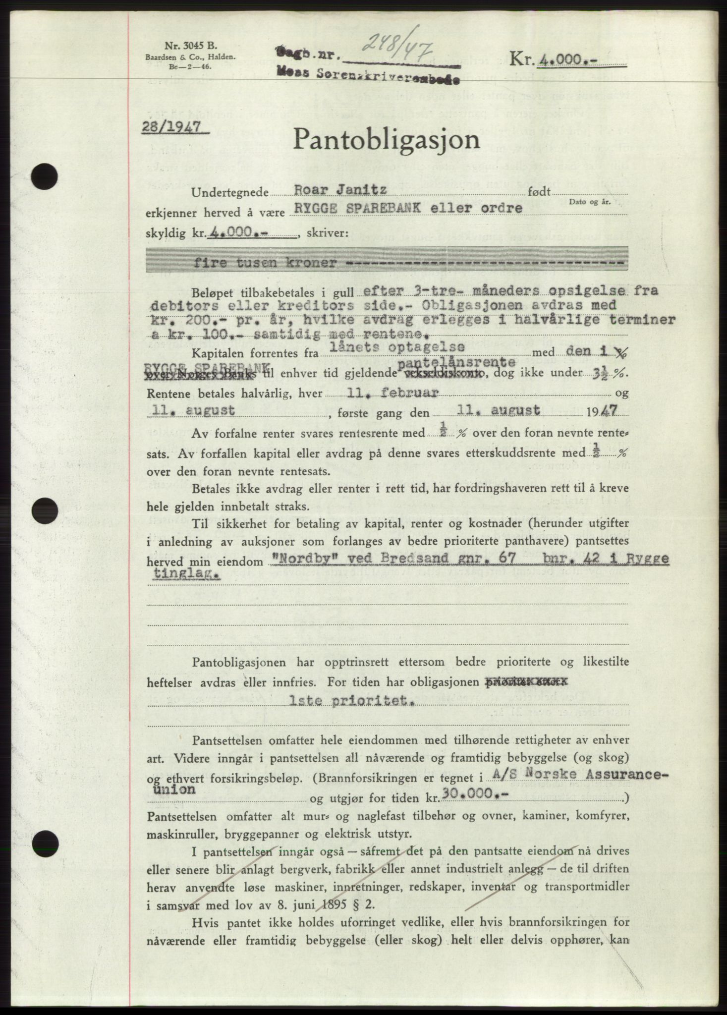 Moss sorenskriveri, SAO/A-10168: Pantebok nr. B16, 1946-1947, Dagboknr: 248/1947