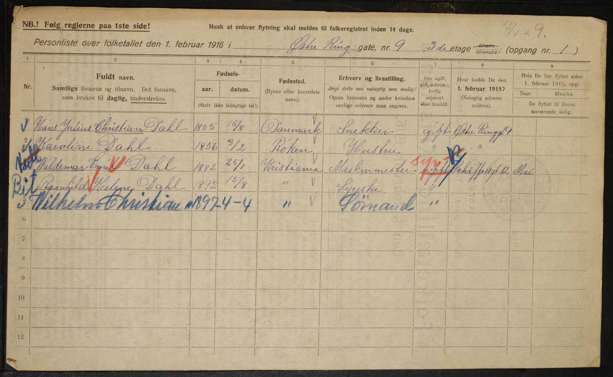 OBA, Kommunal folketelling 1.2.1916 for Kristiania, 1916, s. 133197