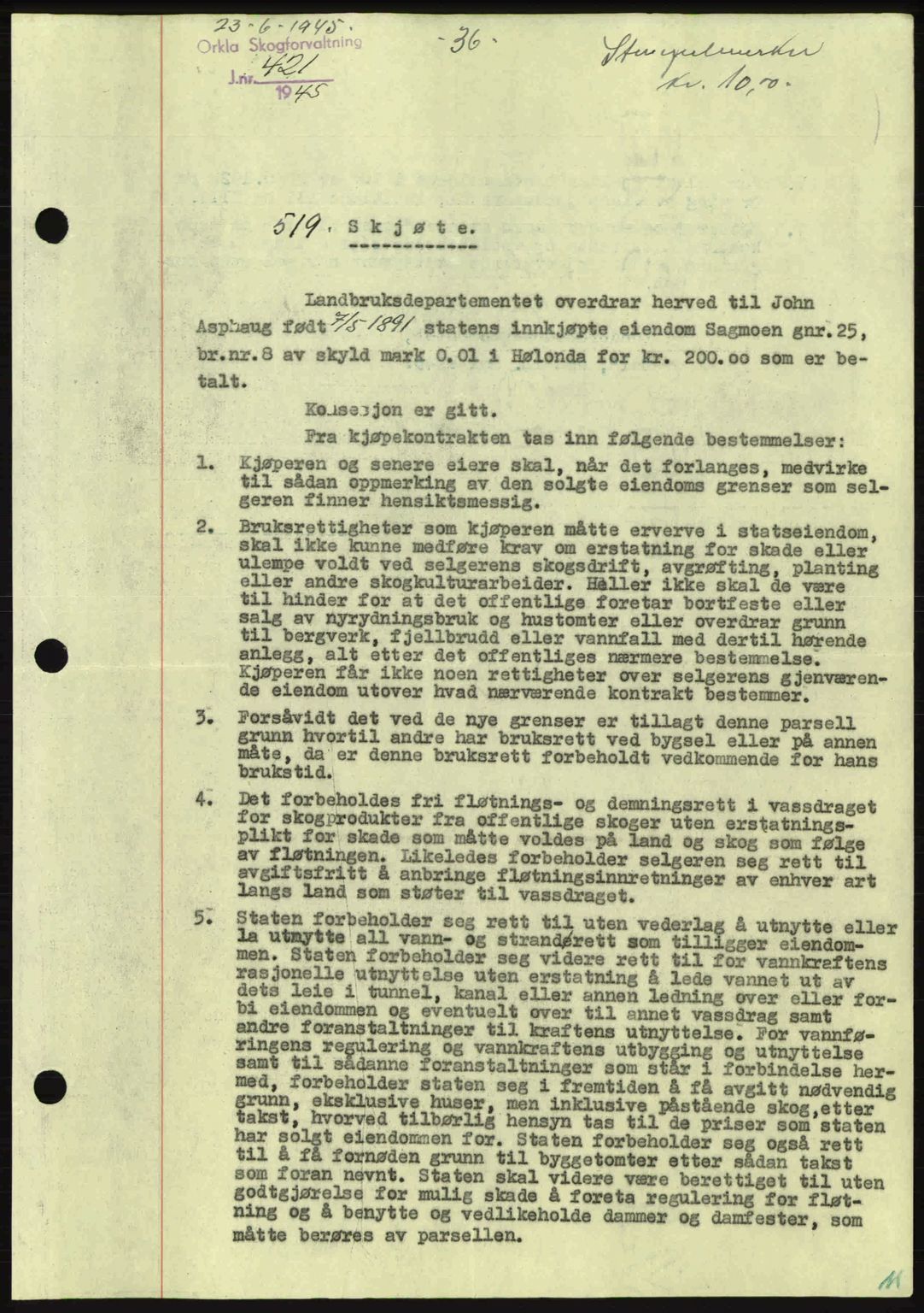 Gauldal sorenskriveri, SAT/A-0014/1/2/2C: Pantebok nr. A1a, 1945-1945, Dagboknr: 519/1945