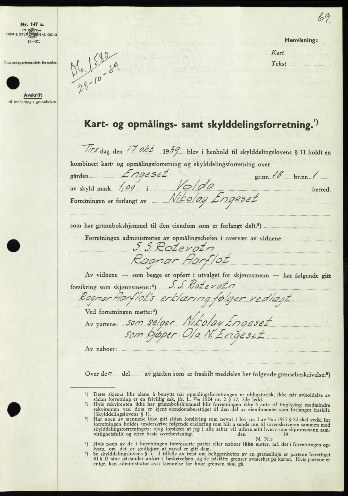 Søre Sunnmøre sorenskriveri, SAT/A-4122/1/2/2C/L0069: Pantebok nr. 63, 1939-1940, Dagboknr: 1580/1939