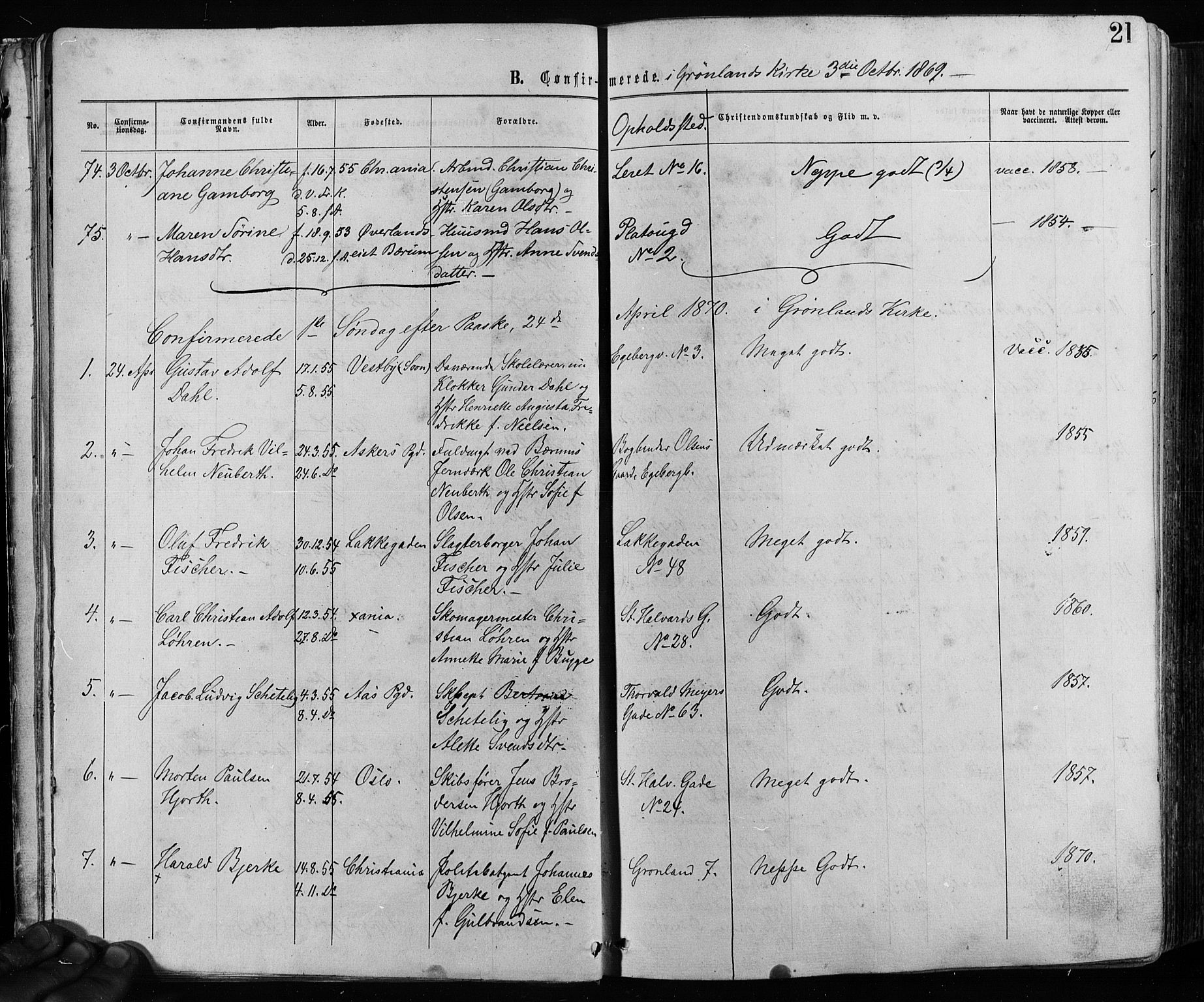 Grønland prestekontor Kirkebøker, SAO/A-10848/F/Fa/L0005: Ministerialbok nr. 5, 1869-1880, s. 21