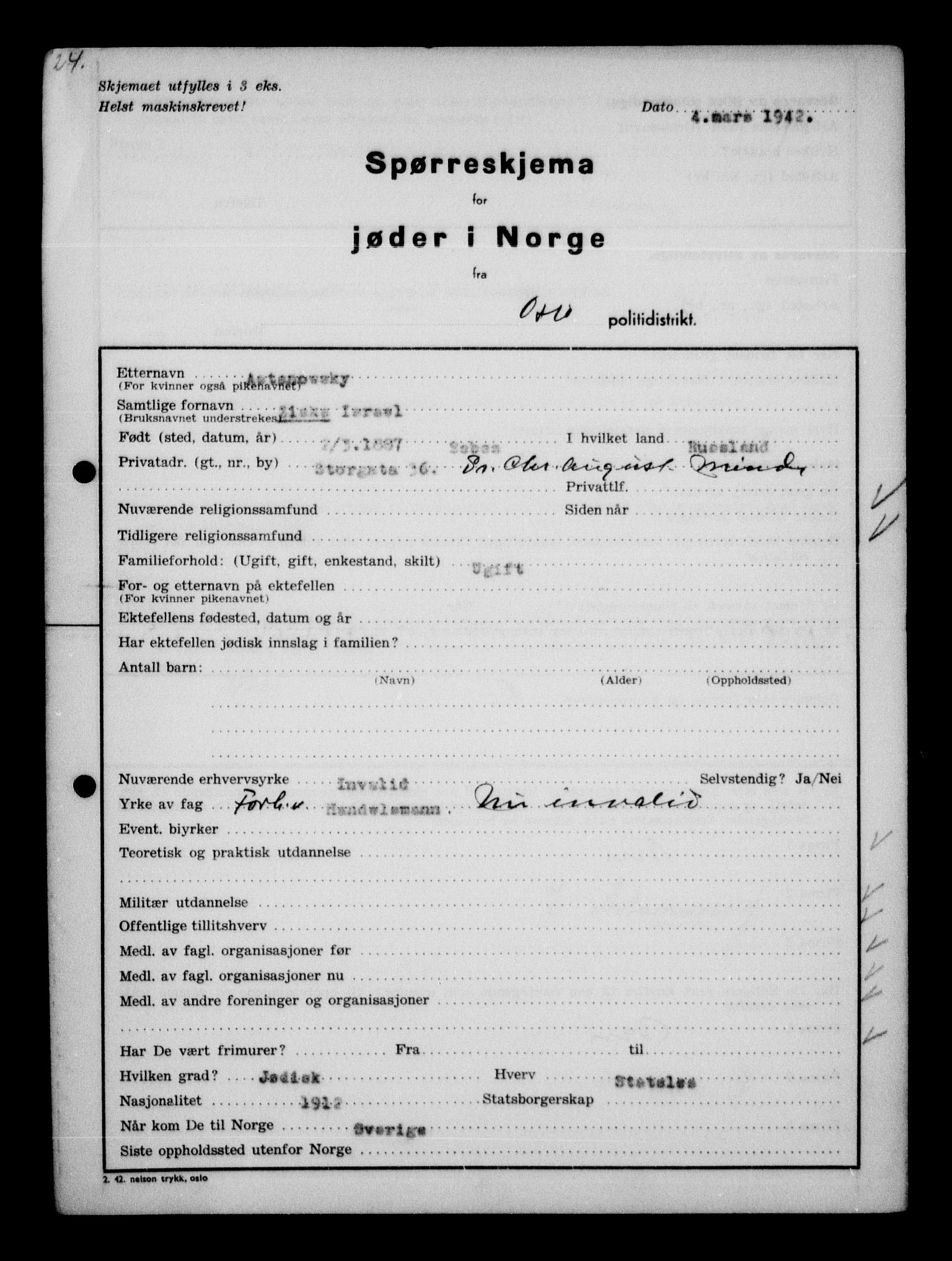 Statspolitiet - Hovedkontoret / Osloavdelingen, AV/RA-S-1329/G/Ga/L0009: Spørreskjema for jøder i Norge, Oslo Alexander-Gutman, 1942, s. 71