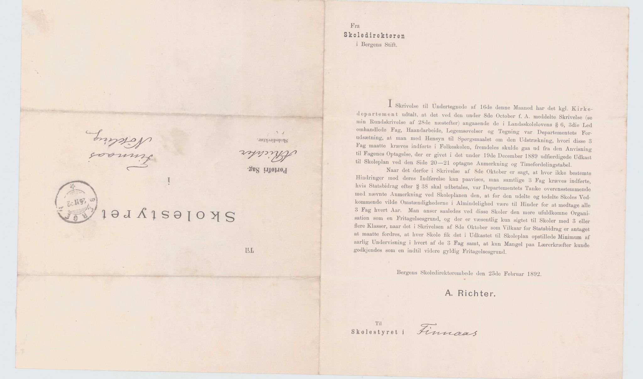 Finnaas kommune. Skulestyret, IKAH/1218a-211/D/Da/L0001/0002: Kronologisk ordna korrespondanse / Kronologisk ordna korrespondanse , 1890-1892, s. 143