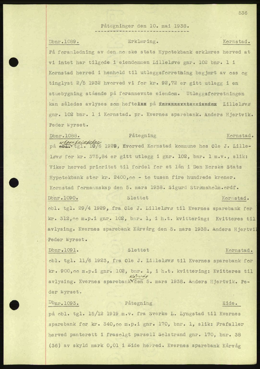 Nordmøre sorenskriveri, SAT/A-4132/1/2/2Ca: Pantebok nr. C80, 1936-1939, Dagboknr: 1089/1938