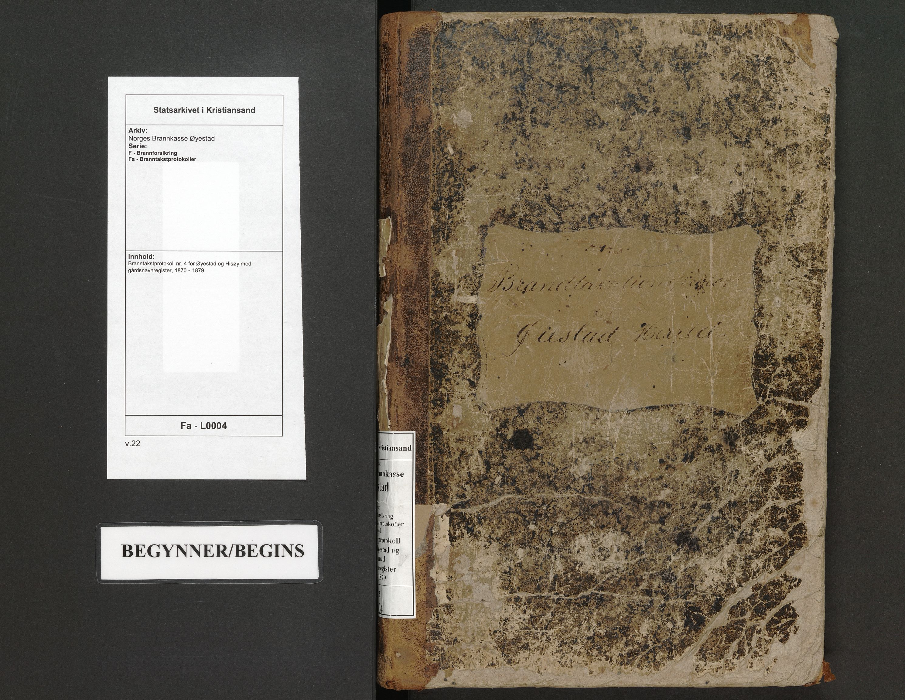 Norges Brannkasse Øyestad, AV/SAK-2241-0059/F/Fa/L0004: Branntakstprotokoll nr. 4 for Øyestad og Hisøy med gårdsnavnregister, 1870-1879