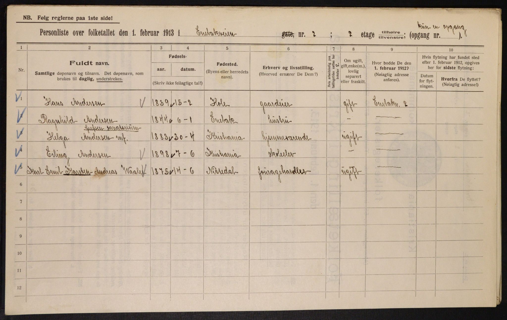 OBA, Kommunal folketelling 1.2.1913 for Kristiania, 1913, s. 21106