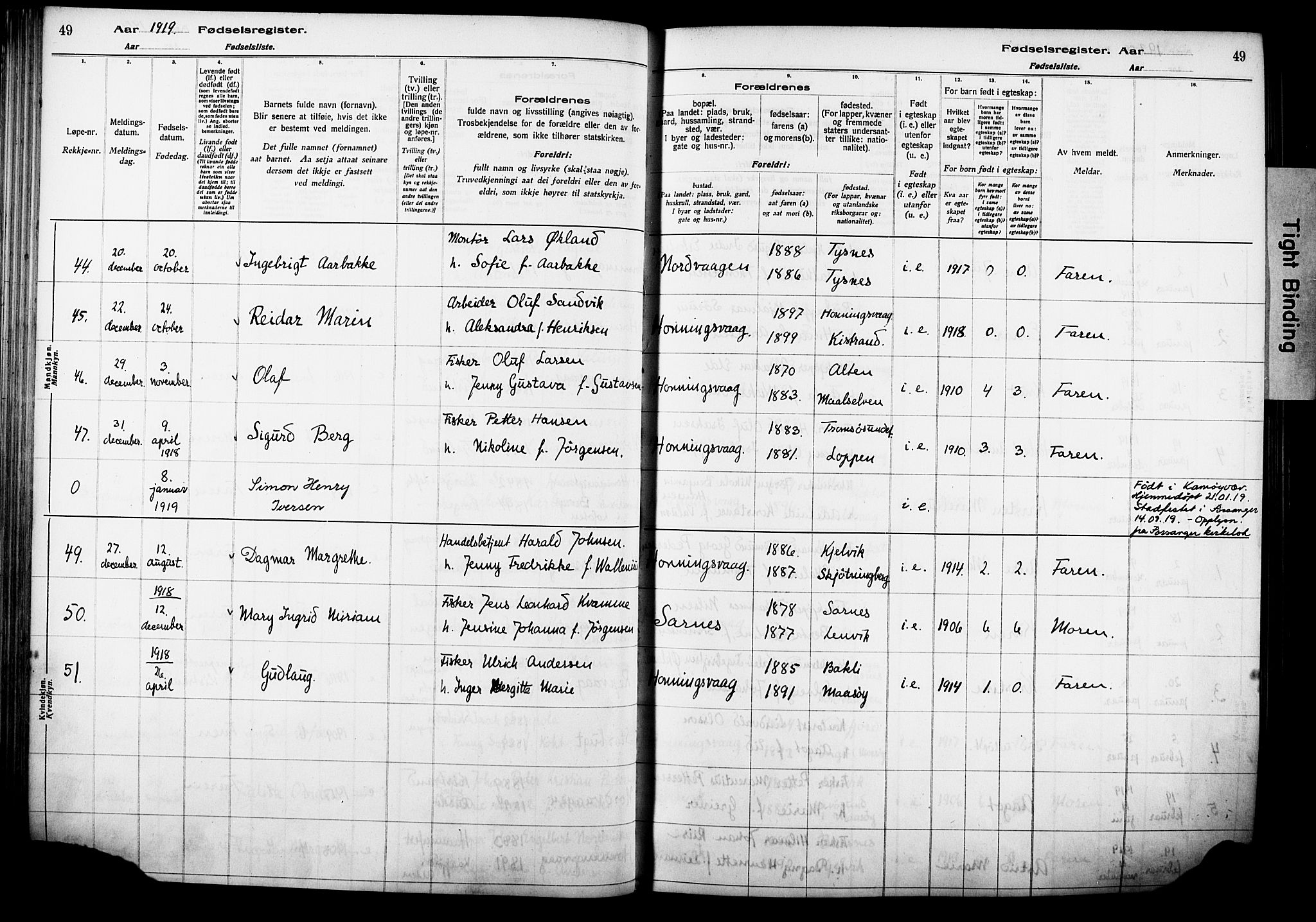 Kjelvik/Nordkapp sokneprestkontor, AV/SATØ-S-1350/I/Ia/L0015: Fødselsregister nr. 15, 1916-1930, s. 49