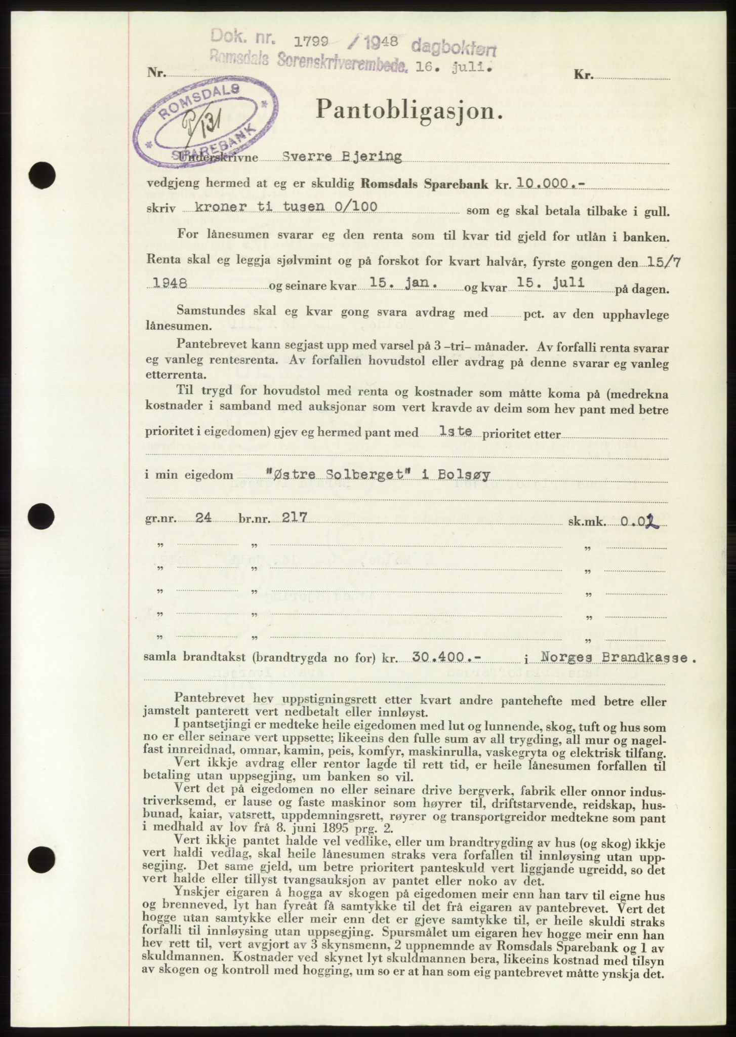 Romsdal sorenskriveri, SAT/A-4149/1/2/2C: Pantebok nr. B4, 1948-1949, Dagboknr: 1799/1948