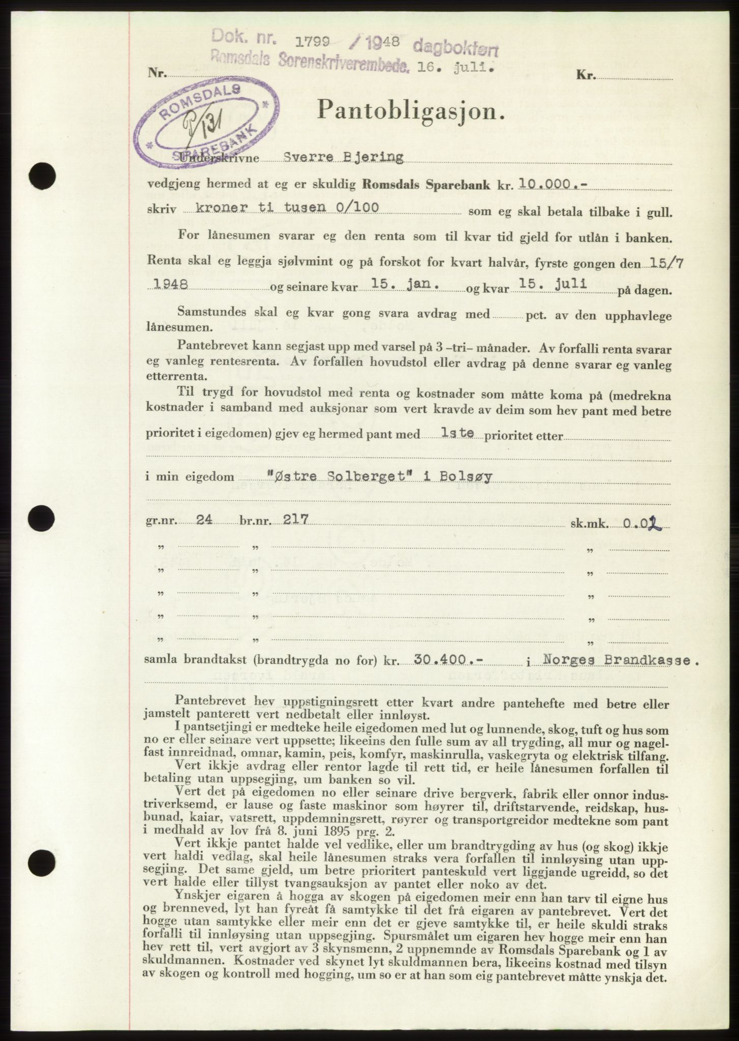 Romsdal sorenskriveri, AV/SAT-A-4149/1/2/2C: Pantebok nr. B4, 1948-1949, Dagboknr: 1799/1948