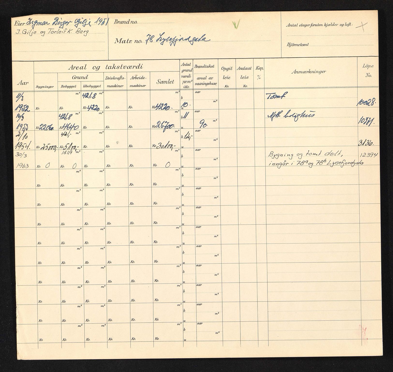 Stavanger kommune. Skattetakstvesenet, BYST/A-0440/F/Fa/Faa/L0029/0004: Skattetakstkort / Lysefjordgata 75 - Løkkeveien 26