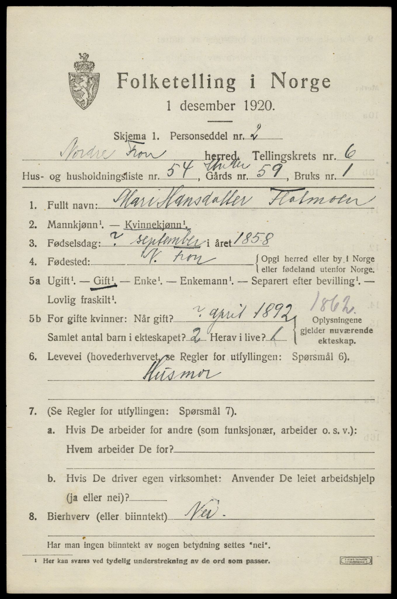 SAH, Folketelling 1920 for 0518 Nord-Fron herred, 1920, s. 5958