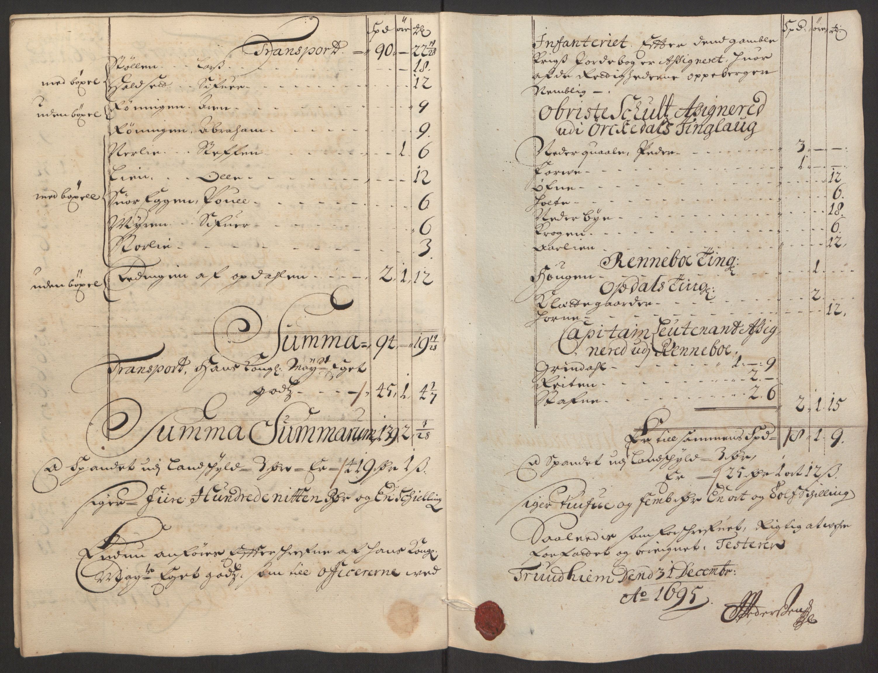 Rentekammeret inntil 1814, Reviderte regnskaper, Fogderegnskap, AV/RA-EA-4092/R60/L3945: Fogderegnskap Orkdal og Gauldal, 1695, s. 176