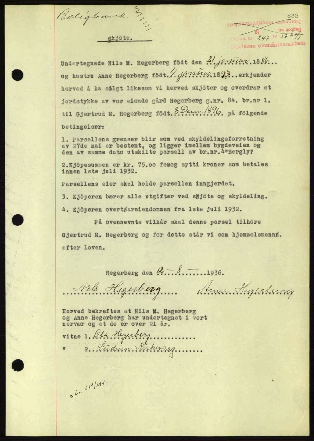 Nordmøre sorenskriveri, SAT/A-4132/1/2/2Ca: Pantebok nr. A80, 1936-1937, Dagboknr: 247/1937