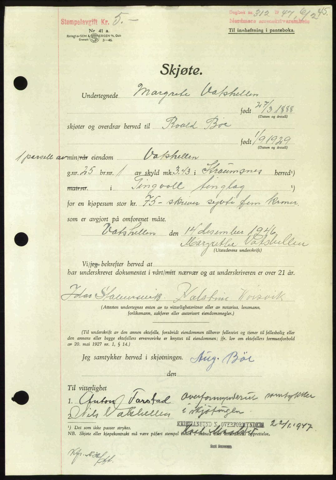 Nordmøre sorenskriveri, AV/SAT-A-4132/1/2/2Ca: Pantebok nr. A104, 1947-1947, Dagboknr: 312/1947