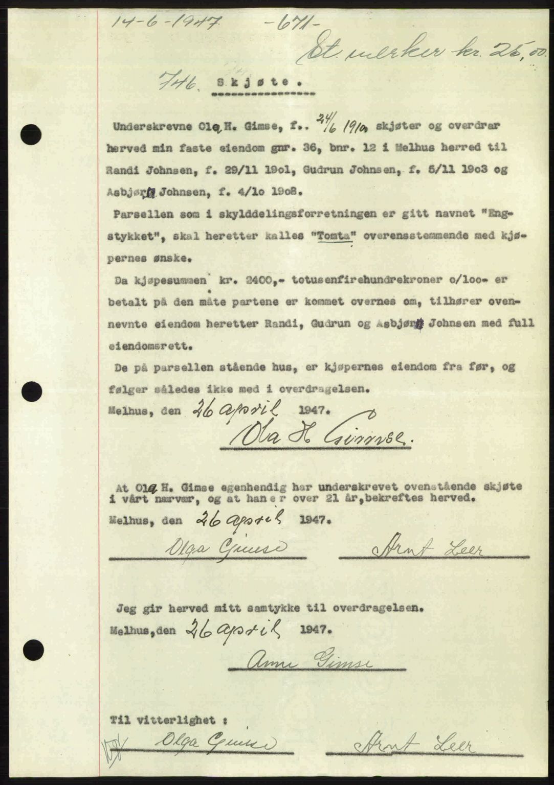 Gauldal sorenskriveri, SAT/A-0014/1/2/2C: Pantebok nr. A3, 1947-1947, Dagboknr: 746/1947