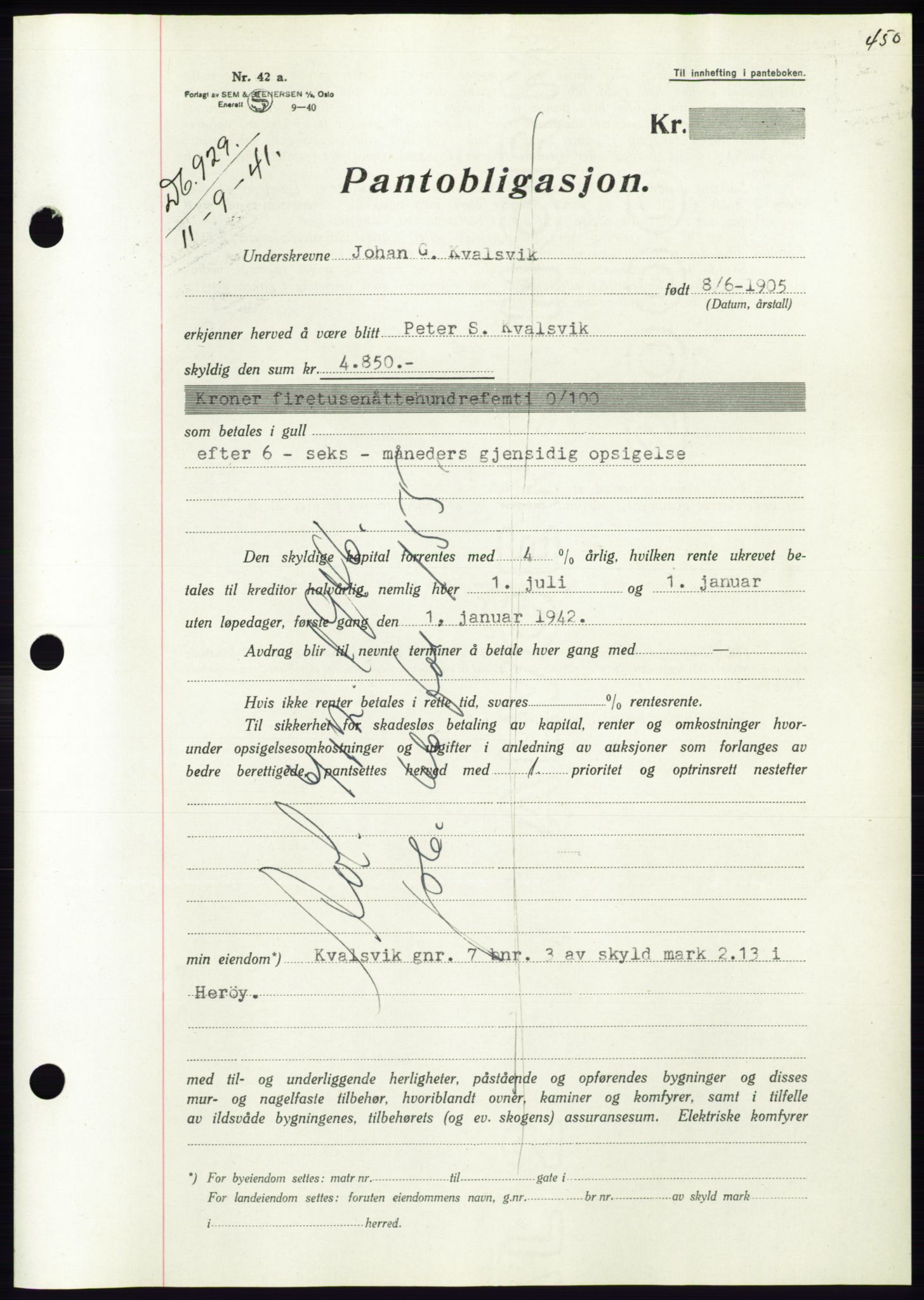 Søre Sunnmøre sorenskriveri, AV/SAT-A-4122/1/2/2C/L0071: Pantebok nr. 65, 1941-1941, Dagboknr: 929/1941