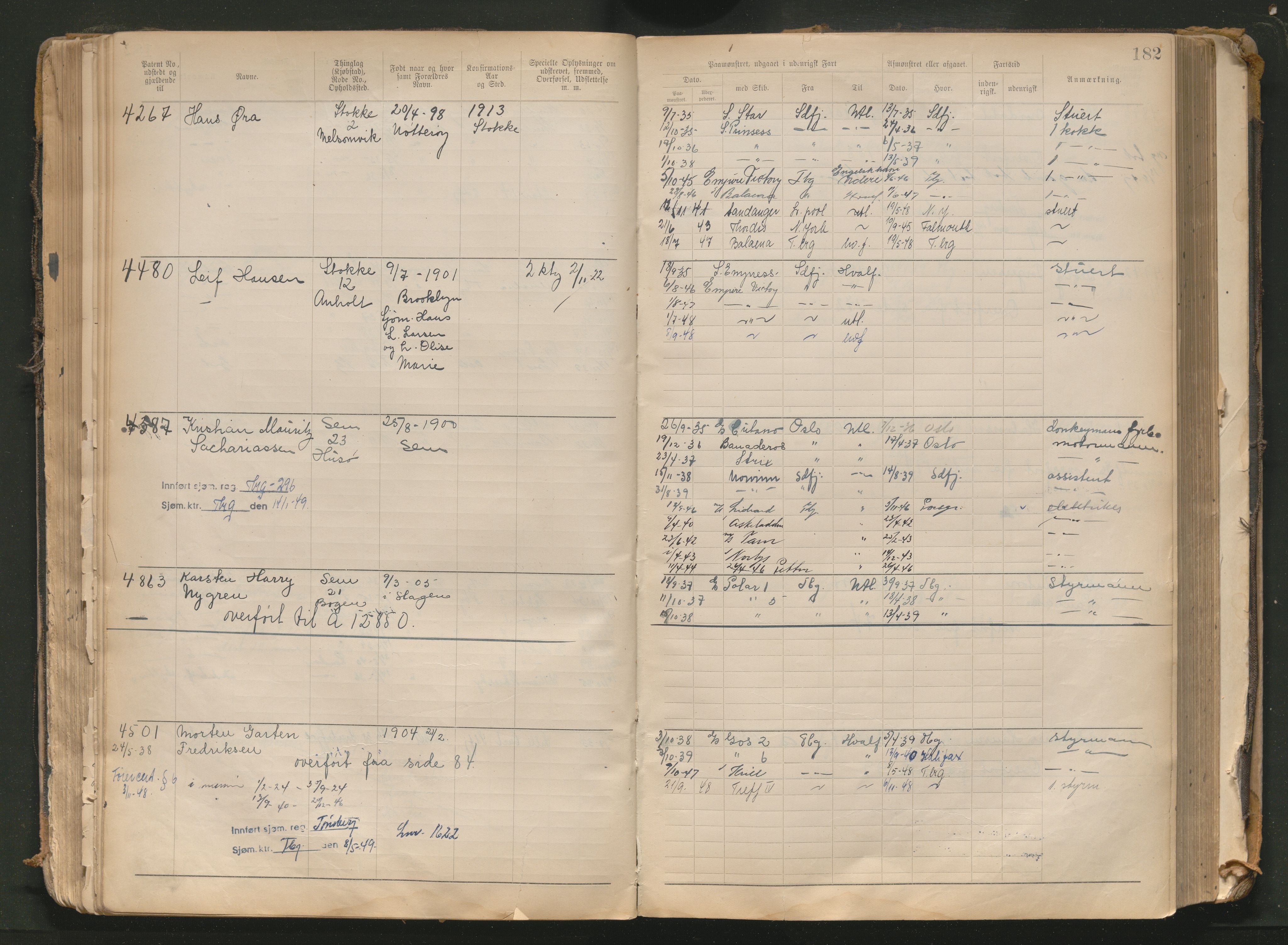 Tønsberg innrulleringskontor, AV/SAKO-A-786/F/Fb/L0010: Annotasjonsrulle Patent nr. 4081-4988, 1911-1948, s. 182