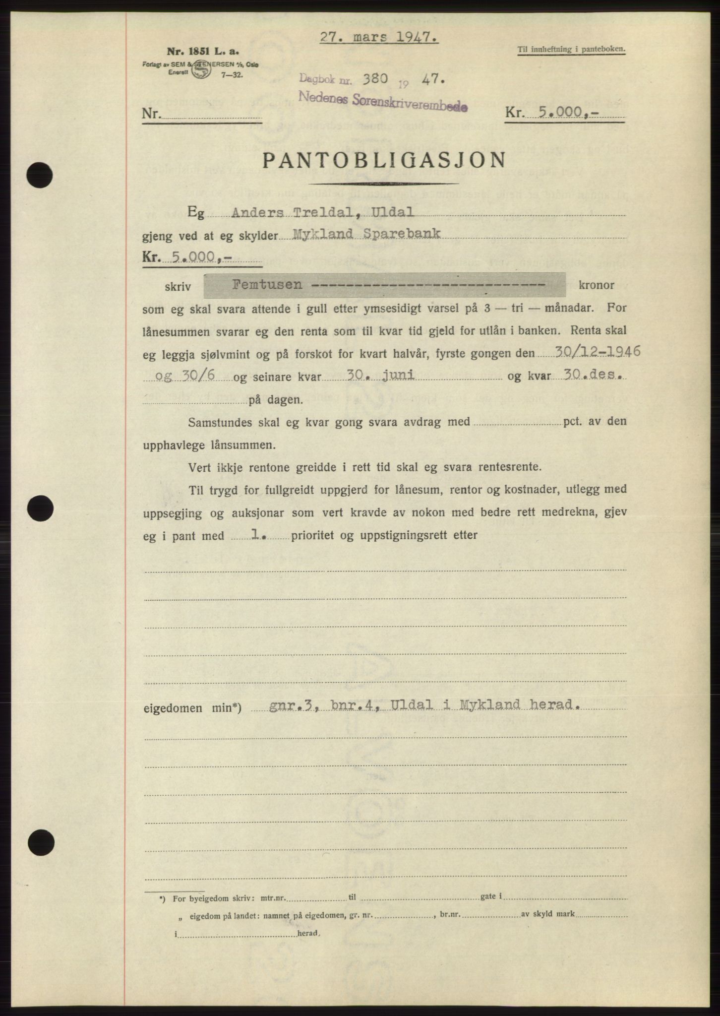 Nedenes sorenskriveri, AV/SAK-1221-0006/G/Gb/Gbb/L0004: Pantebok nr. B4, 1947-1947, Dagboknr: 380/1947