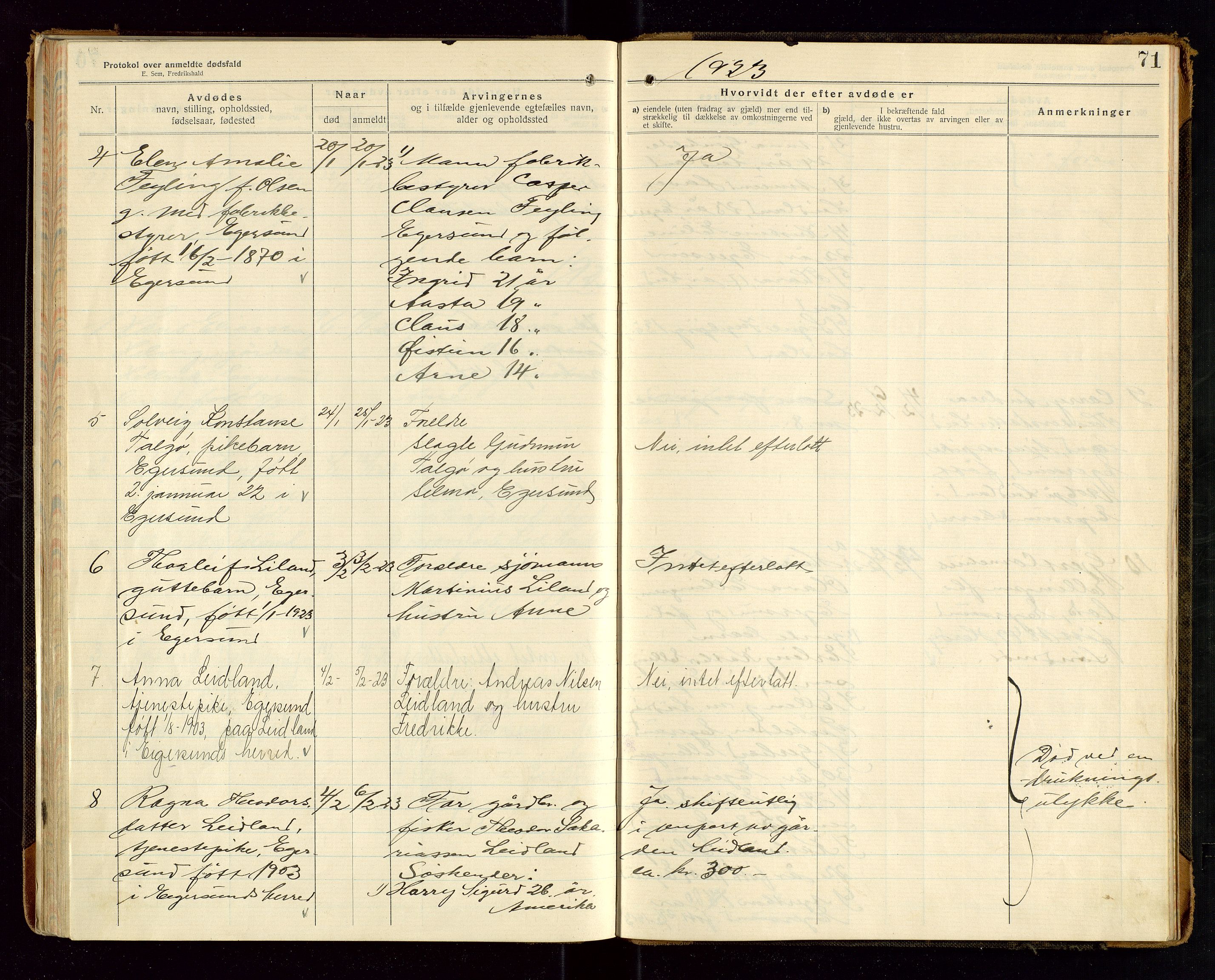 Eigersund lensmannskontor, SAST/A-100171/Gga/L0008: "Protokol over anmeldte dødsfald" m/alfabetisk navneregister, 1920-1922, s. 71