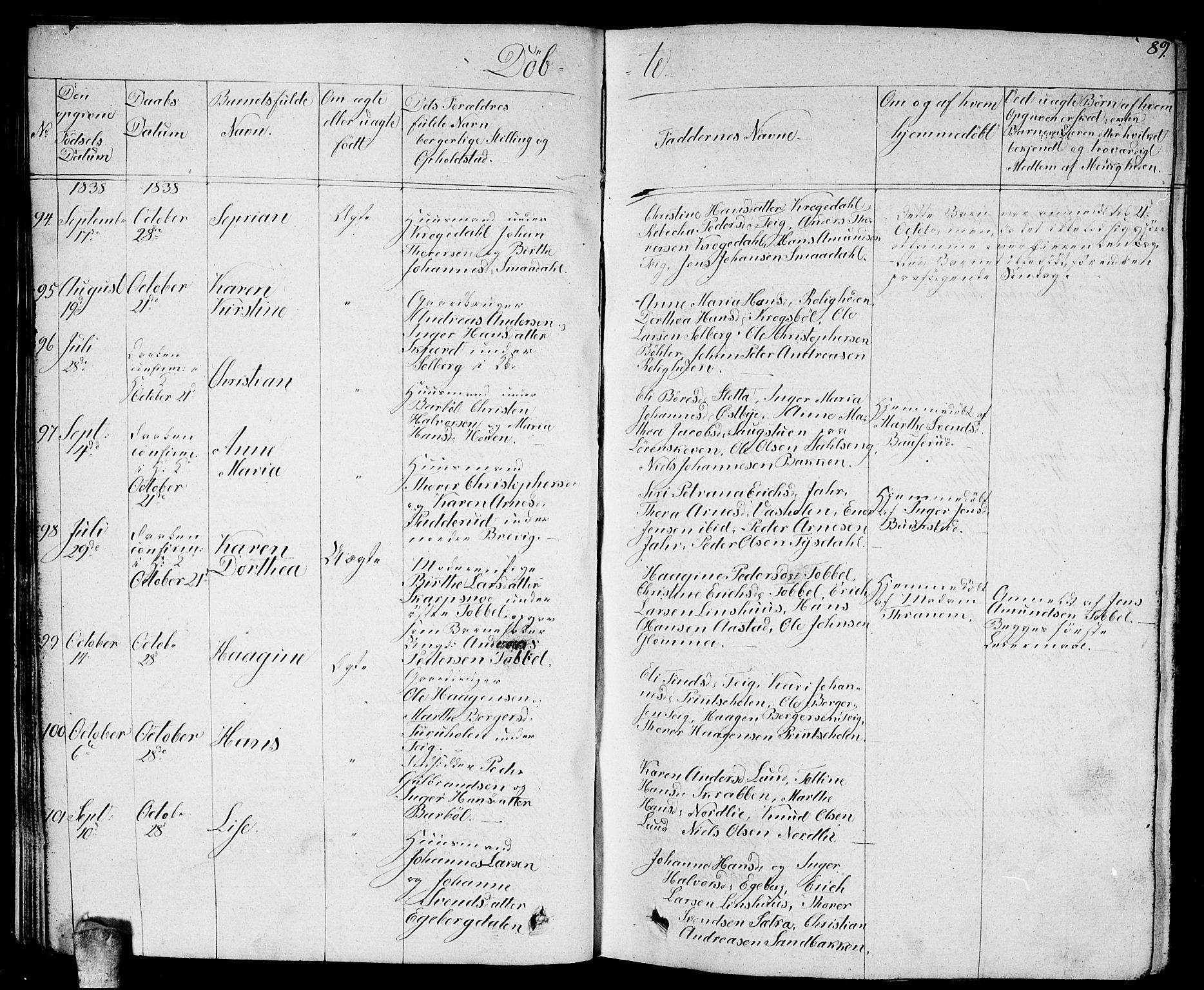 Enebakk prestekontor Kirkebøker, AV/SAO-A-10171c/G/Ga/L0003: Klokkerbok nr. I 3, 1833-1849, s. 89