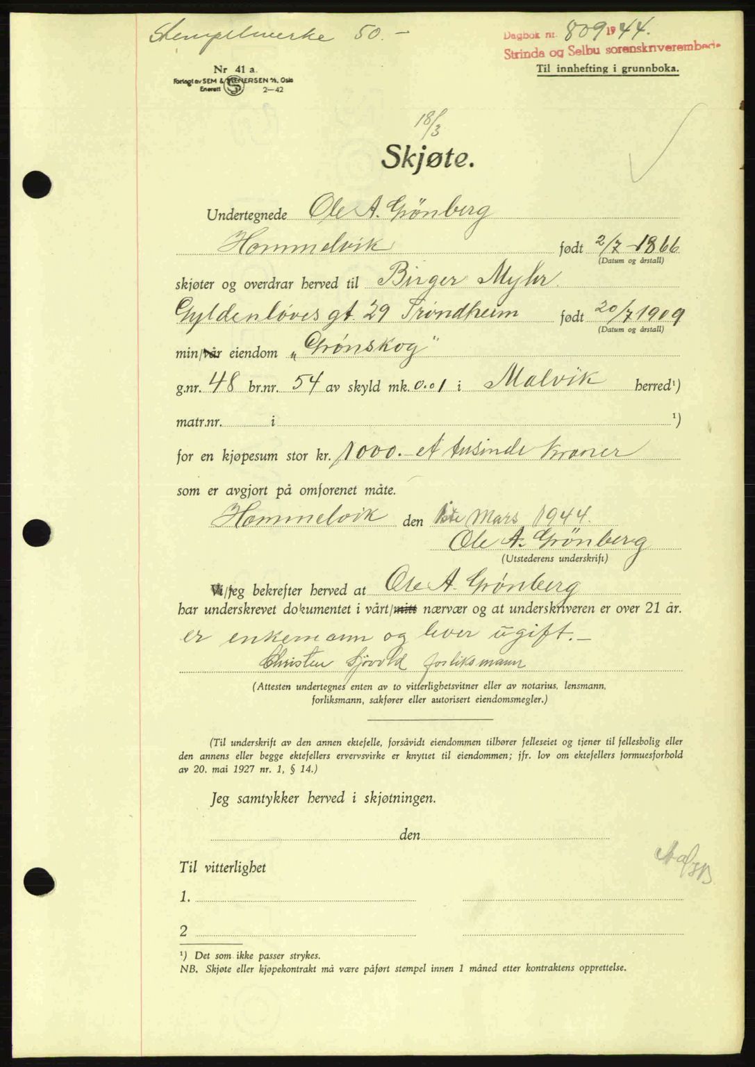 Strinda og Selbu sorenskriveri, SAT/A-0015/2/2C: Pantebok nr. A9, 1944-1945, Dagboknr: 809/1944