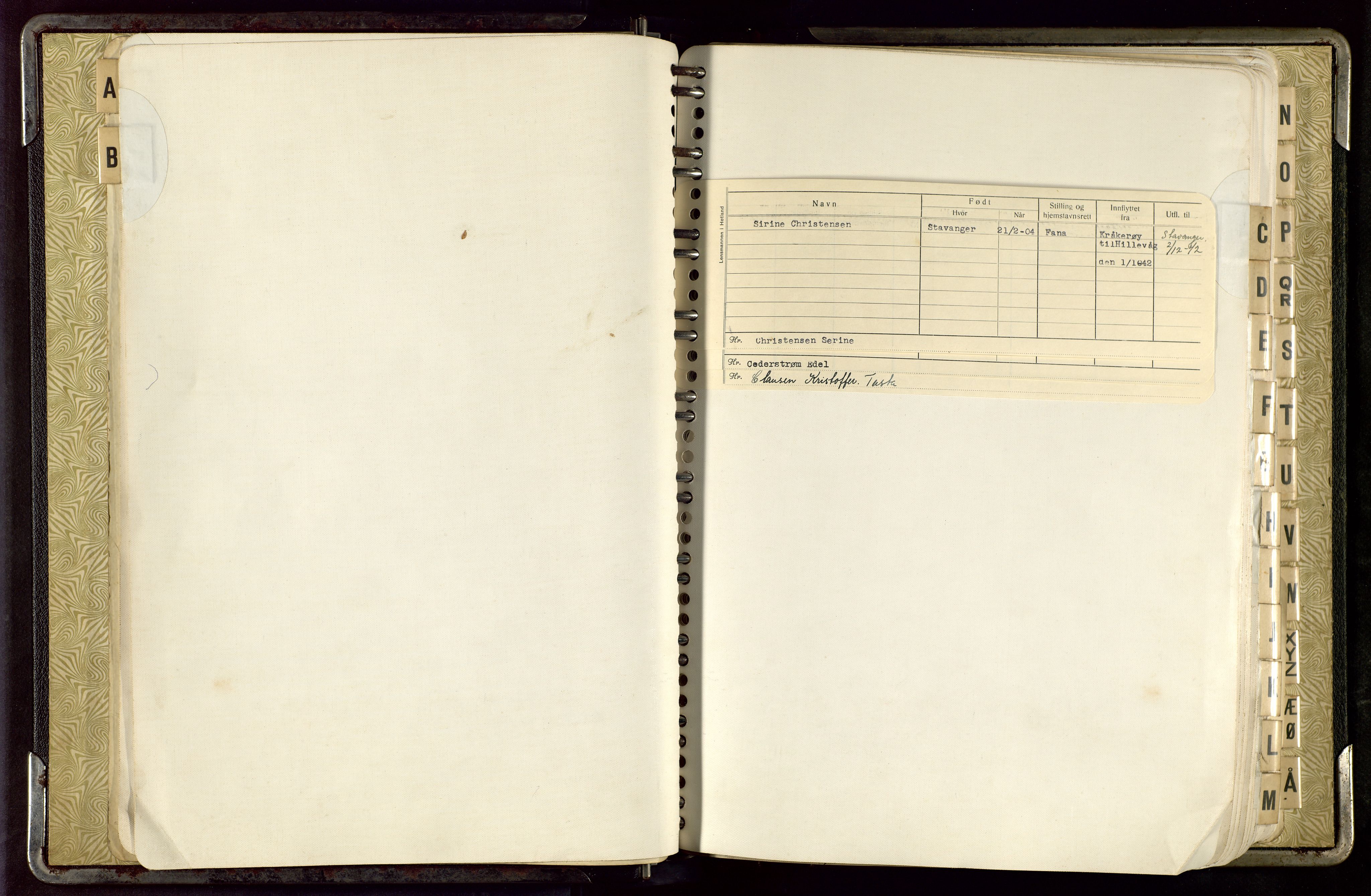 Hetland lensmannskontor, SAST/A-100101/Gwa/L0004: Flytteprotokoll, personkort ordnet etter etternavn, 1940-1943