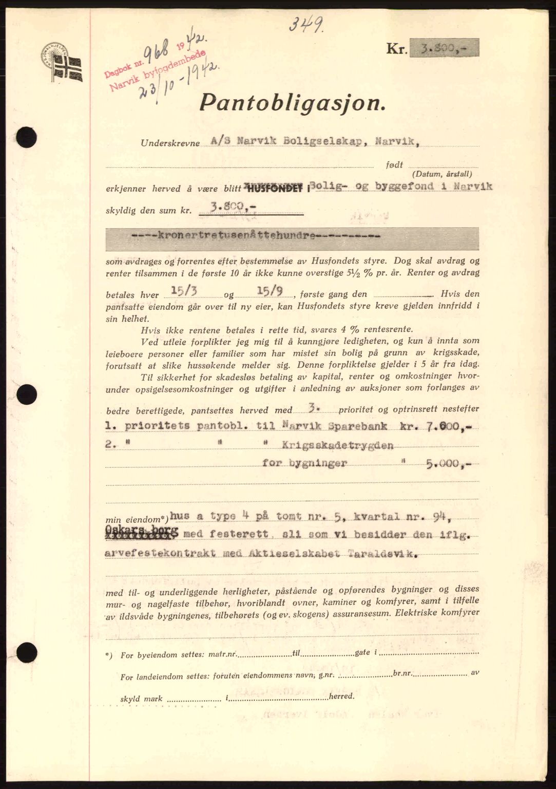 Narvik sorenskriveri, SAT/A-0002/1/2/2C/2Ca: Pantebok nr. A19, 1942-1943, Dagboknr: 968/1942