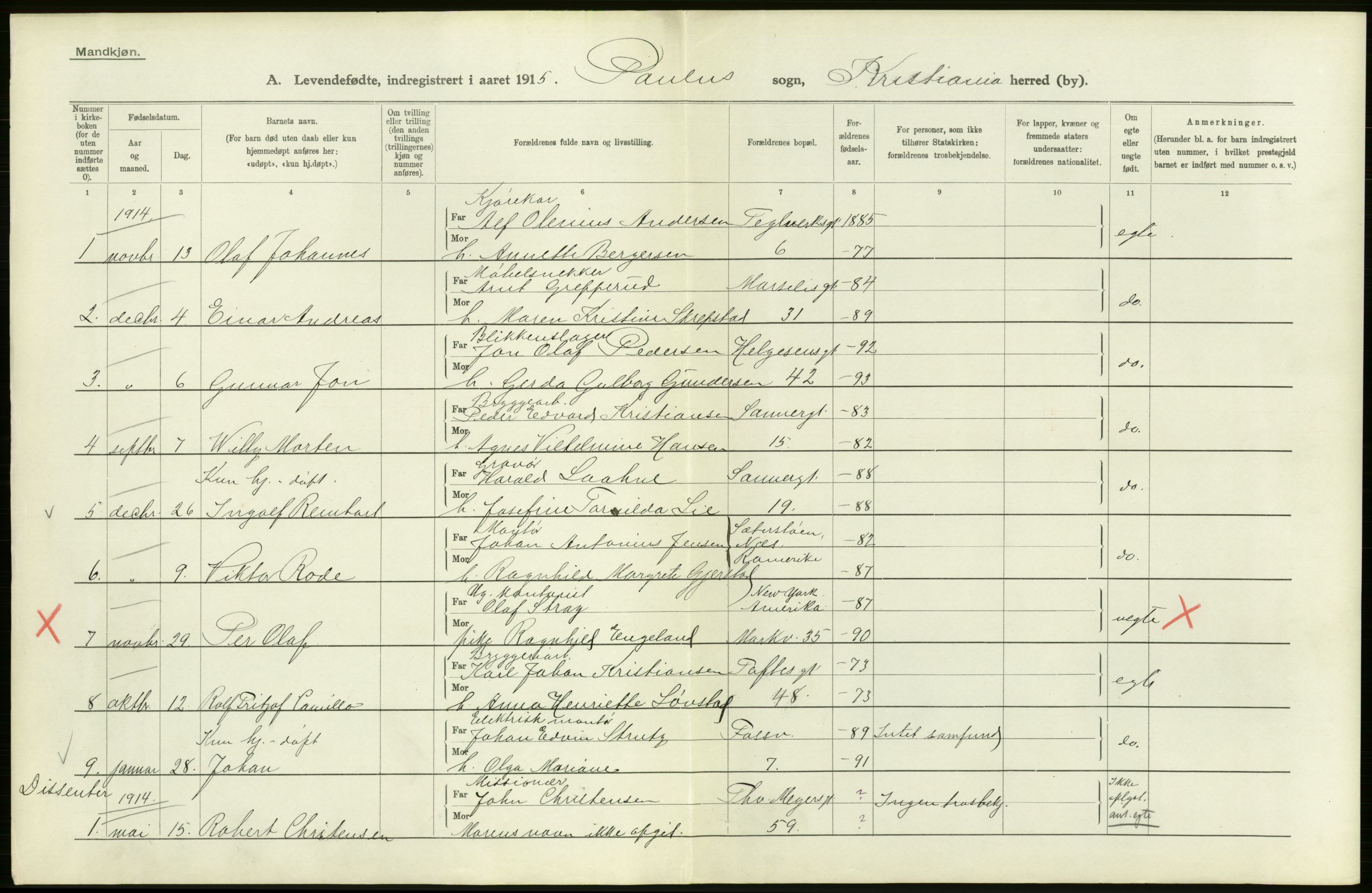 Statistisk sentralbyrå, Sosiodemografiske emner, Befolkning, AV/RA-S-2228/D/Df/Dfb/Dfbe/L0006: Kristiania: Levendefødte menn og kvinner., 1915, s. 290