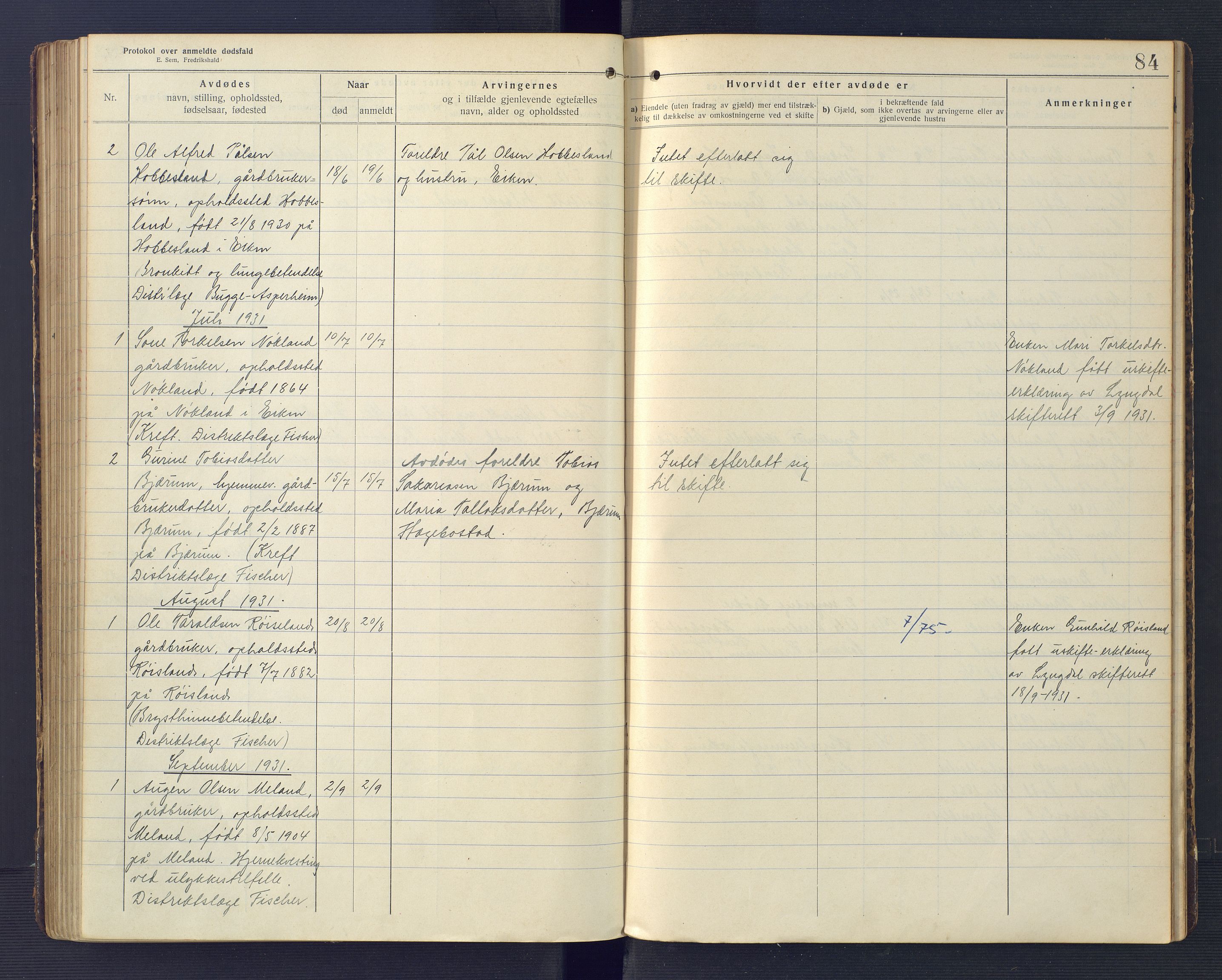 Hægebostad og Eiken lensmannskontor, AV/SAK-1241-0023/F/Fe/L0002: Dødsfallsprotokoll nr 34, 1917-1932, s. 84