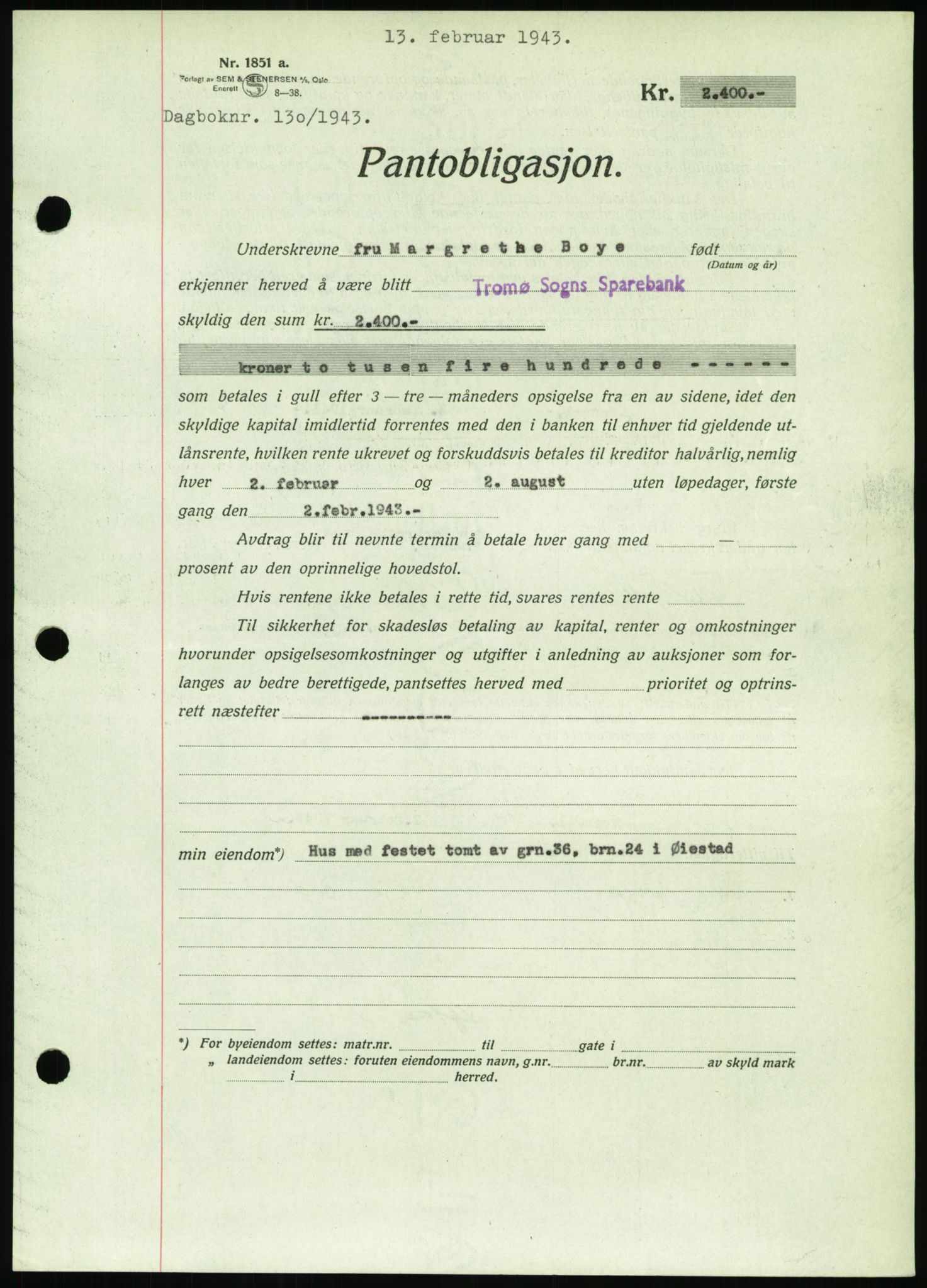 Nedenes sorenskriveri, SAK/1221-0006/G/Gb/Gbb/L0002: Pantebok nr. II, 1942-1945, Dagboknr: 130/1943