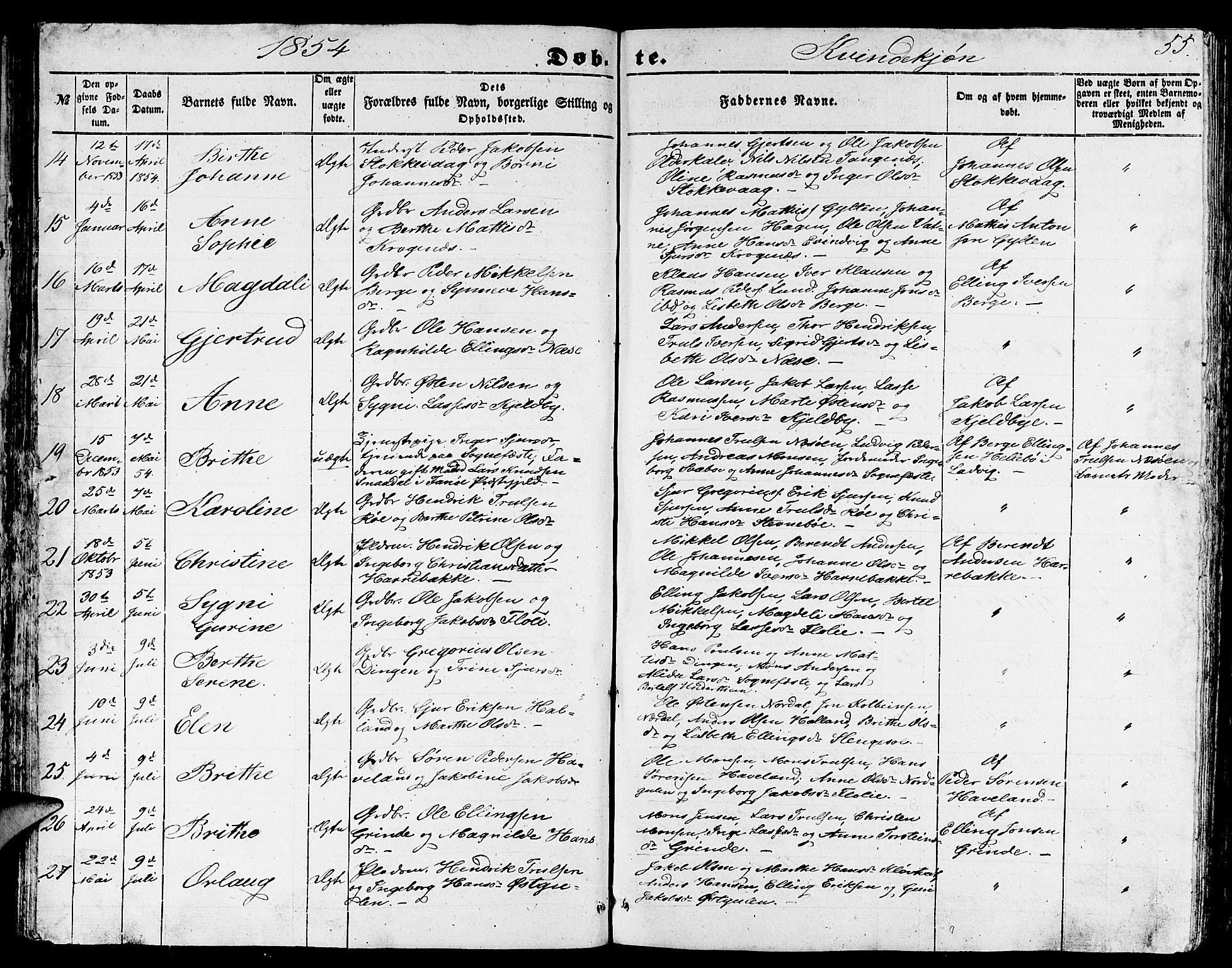 Gulen sokneprestembete, AV/SAB-A-80201/H/Hab/Habb/L0001: Klokkerbok nr. B 1, 1854-1866, s. 55