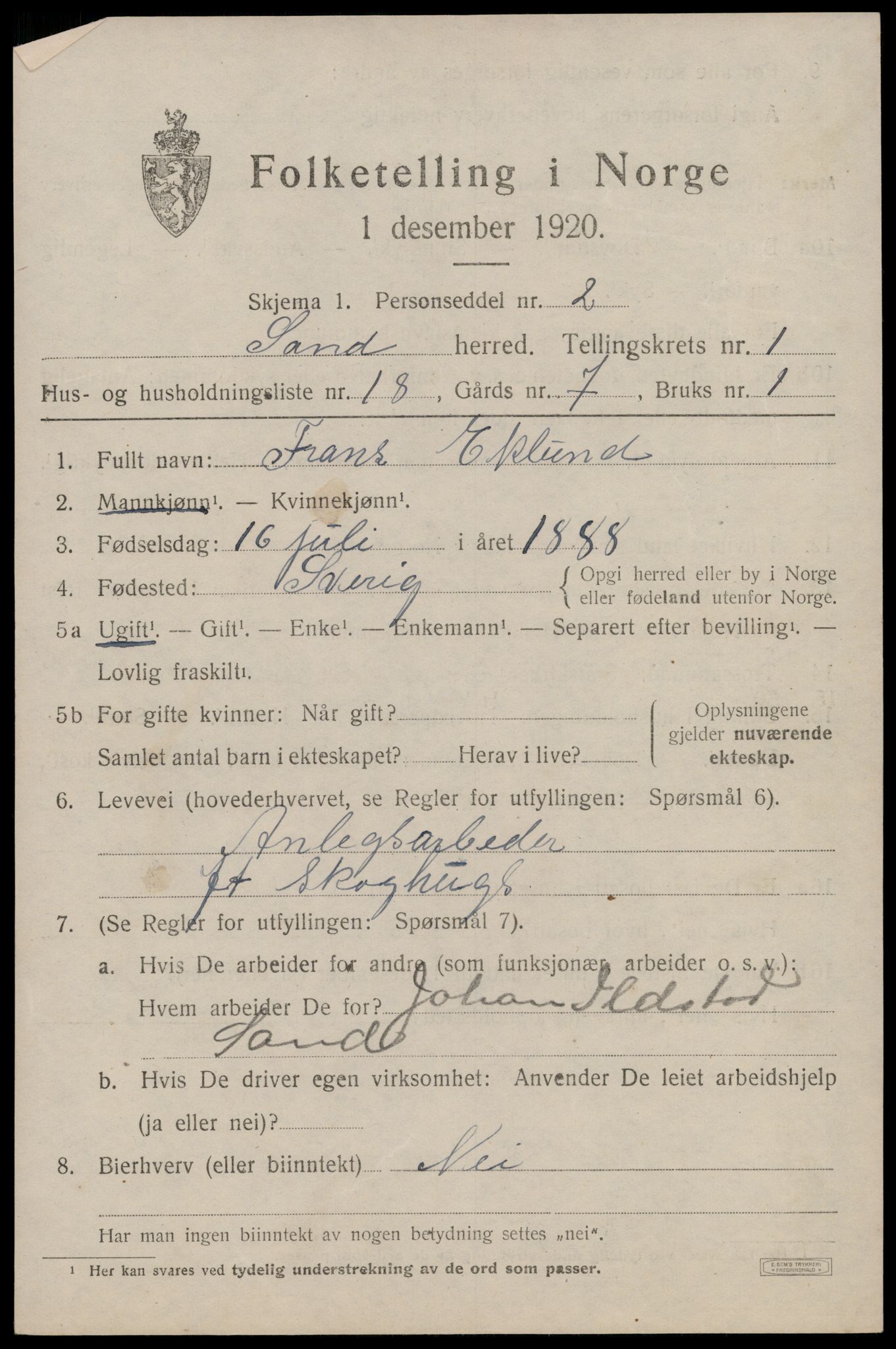 SAST, Folketelling 1920 for 1136 Sand herred, 1920, s. 785