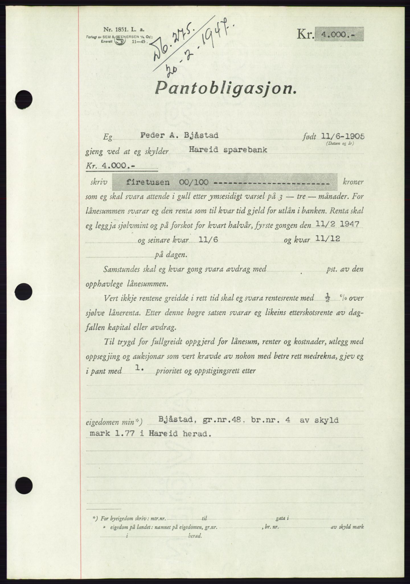 Søre Sunnmøre sorenskriveri, AV/SAT-A-4122/1/2/2C/L0114: Pantebok nr. 1-2B, 1943-1947, Dagboknr: 275/1947