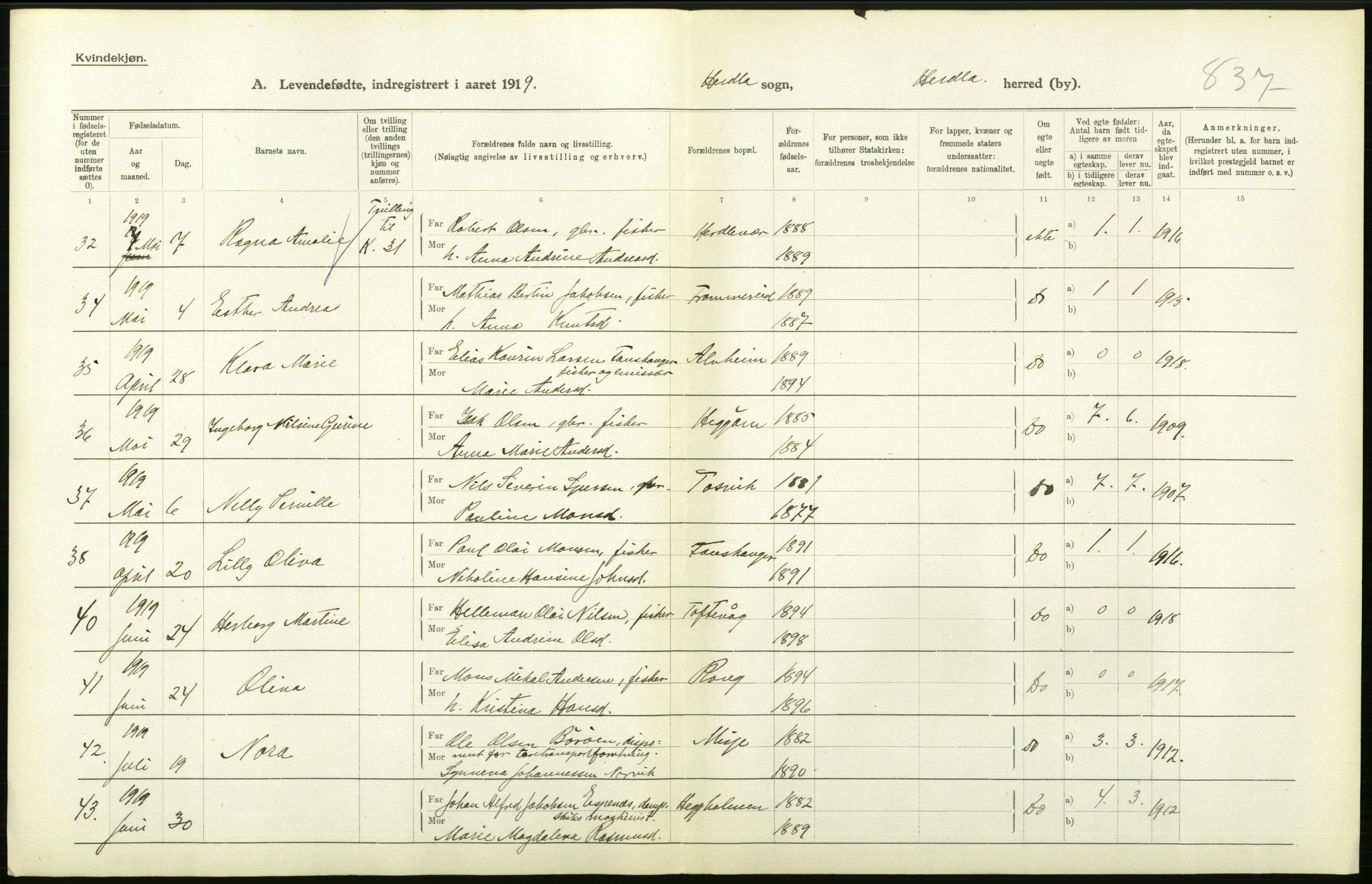 Statistisk sentralbyrå, Sosiodemografiske emner, Befolkning, RA/S-2228/D/Df/Dfb/Dfbi/L0031: Hordaland fylke: Levendefødte menn og kvinner. Bygder., 1919, s. 478