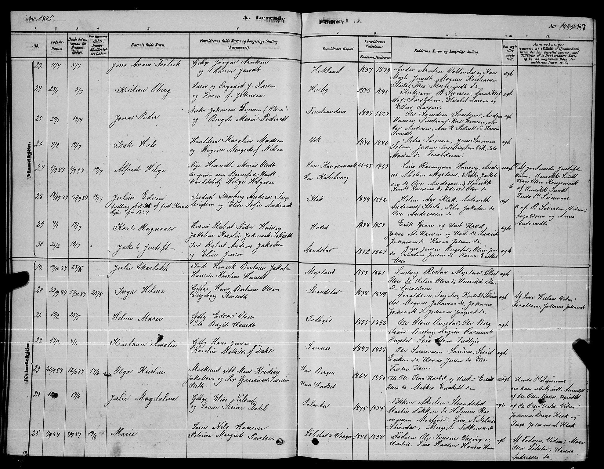 Ministerialprotokoller, klokkerbøker og fødselsregistre - Nordland, AV/SAT-A-1459/888/L1267: Klokkerbok nr. 888C05, 1878-1890, s. 87