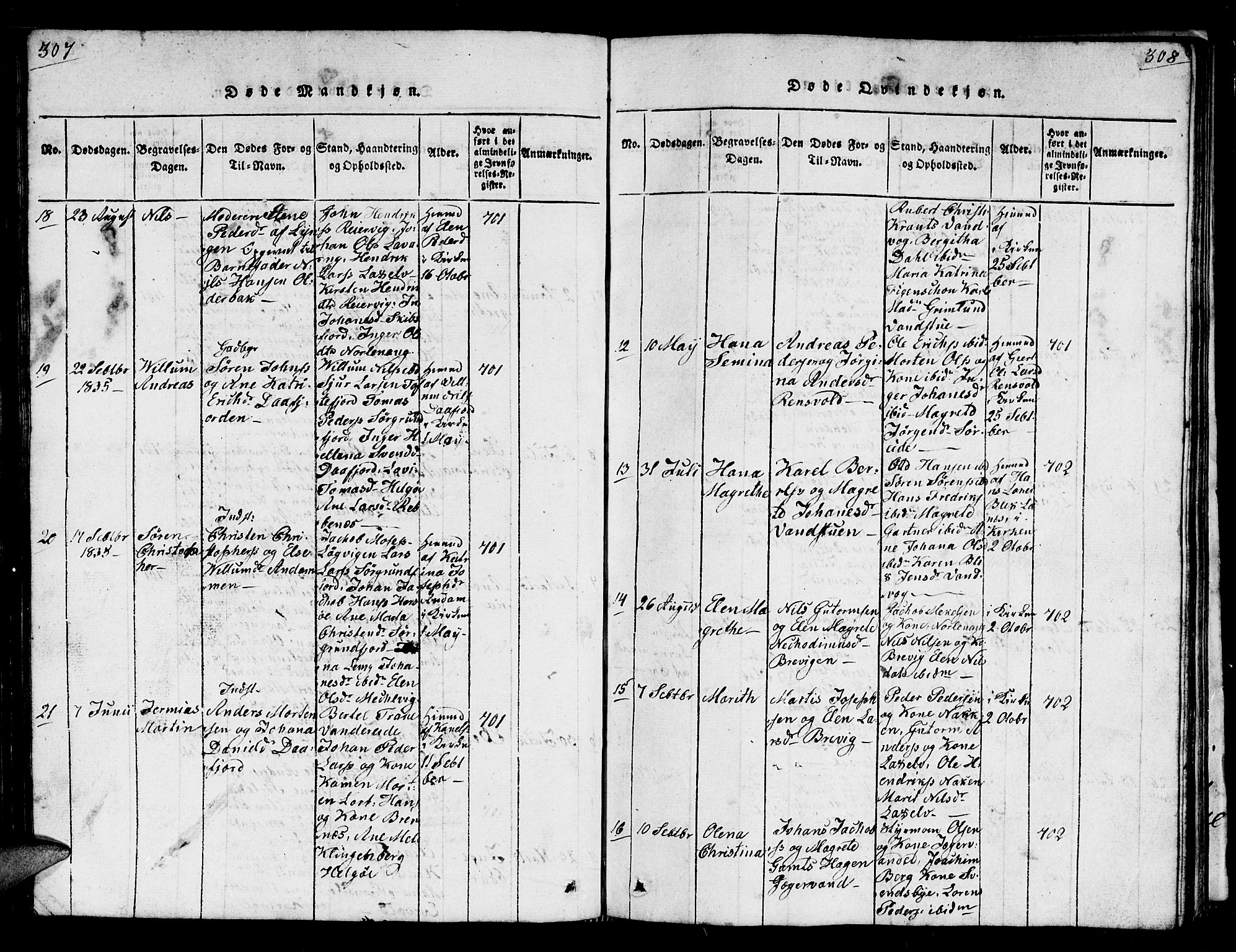 Karlsøy sokneprestembete, AV/SATØ-S-1299/H/Ha/Hab/L0001klokker: Klokkerbok nr. 1, 1821-1840, s. 307-308