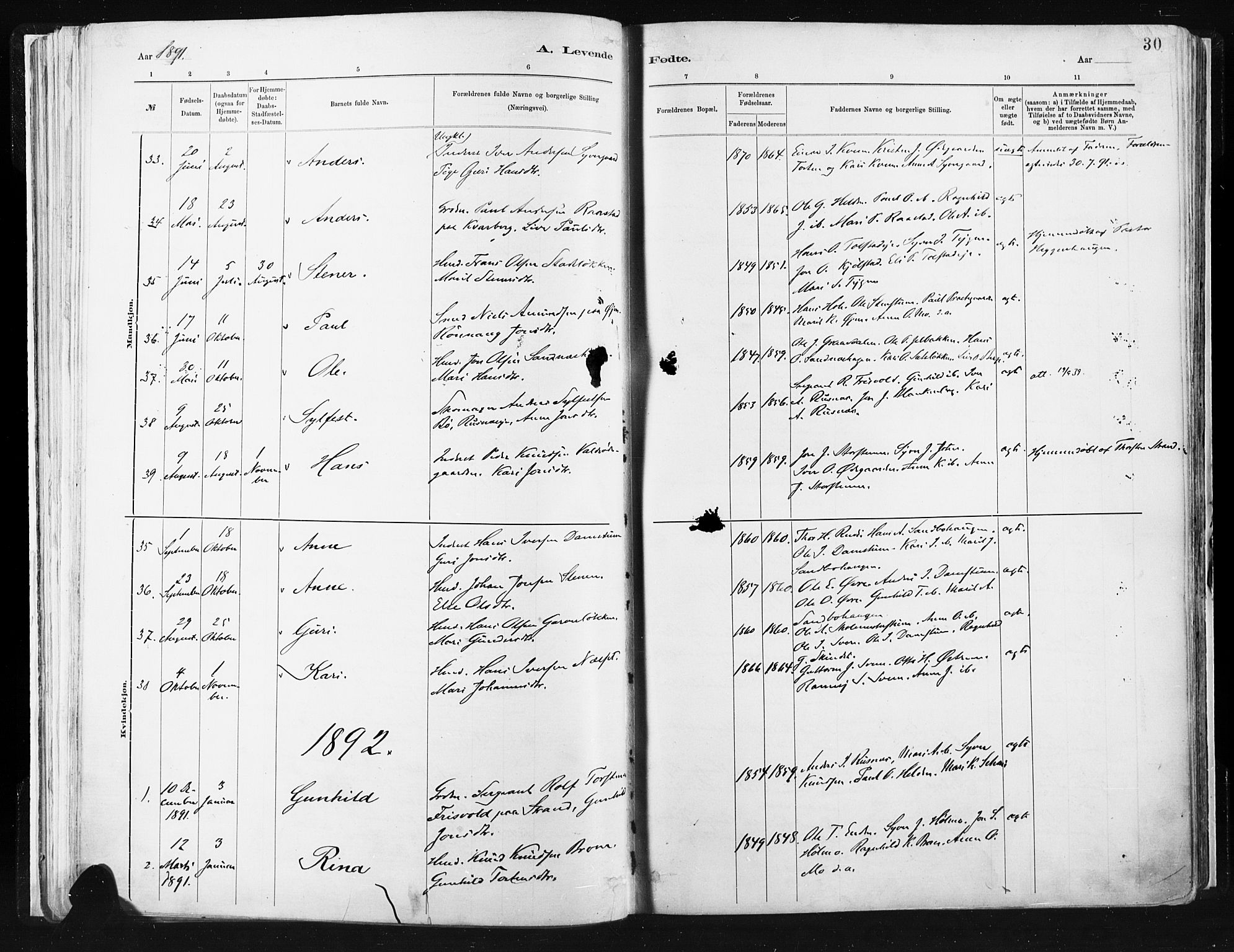 Vågå prestekontor, AV/SAH-PREST-076/H/Ha/Haa/L0009: Ministerialbok nr. 9, 1886-1904, s. 30